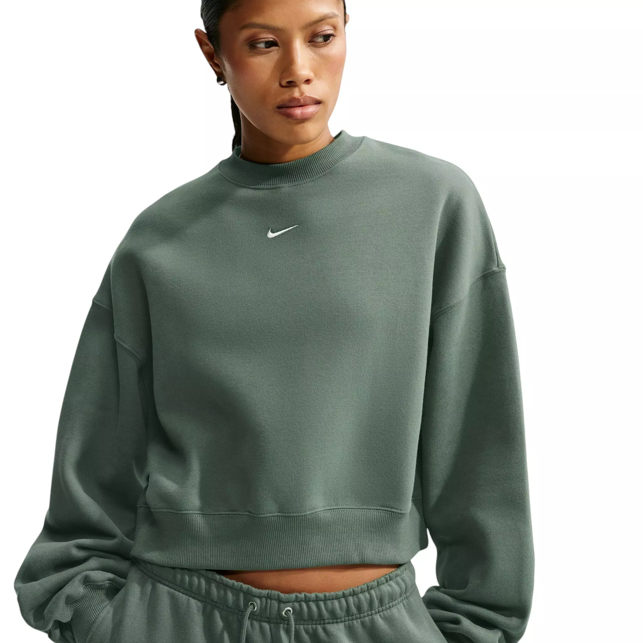 Nike Women's Studio Fleece Lightweight "French Terry" Oversized Cropped Pleated Crewneck - Green - GREEN