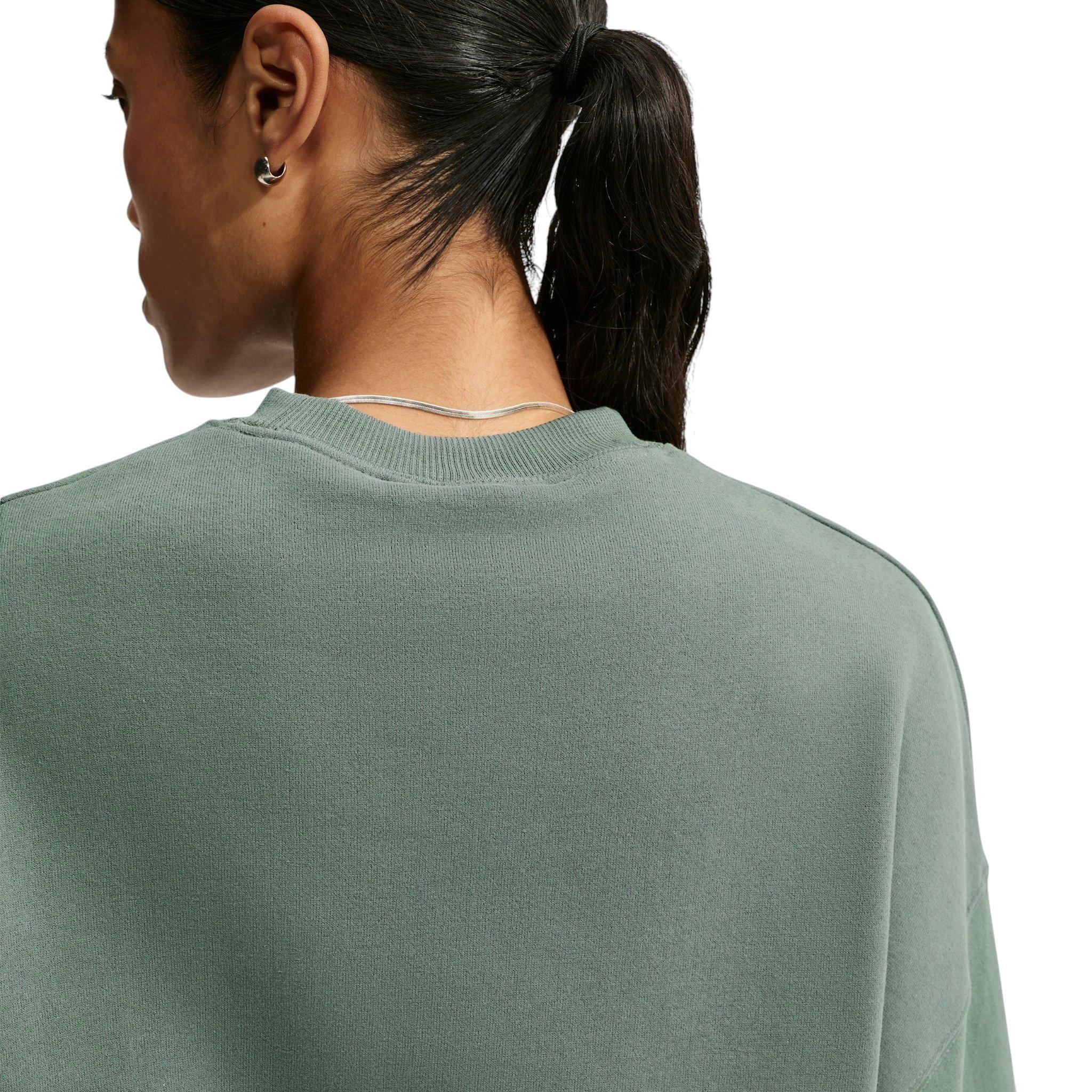 Nike Women's Studio Fleece Lightweight "French Terry" Oversized Cropped Pleated Crewneck - Green - GREEN