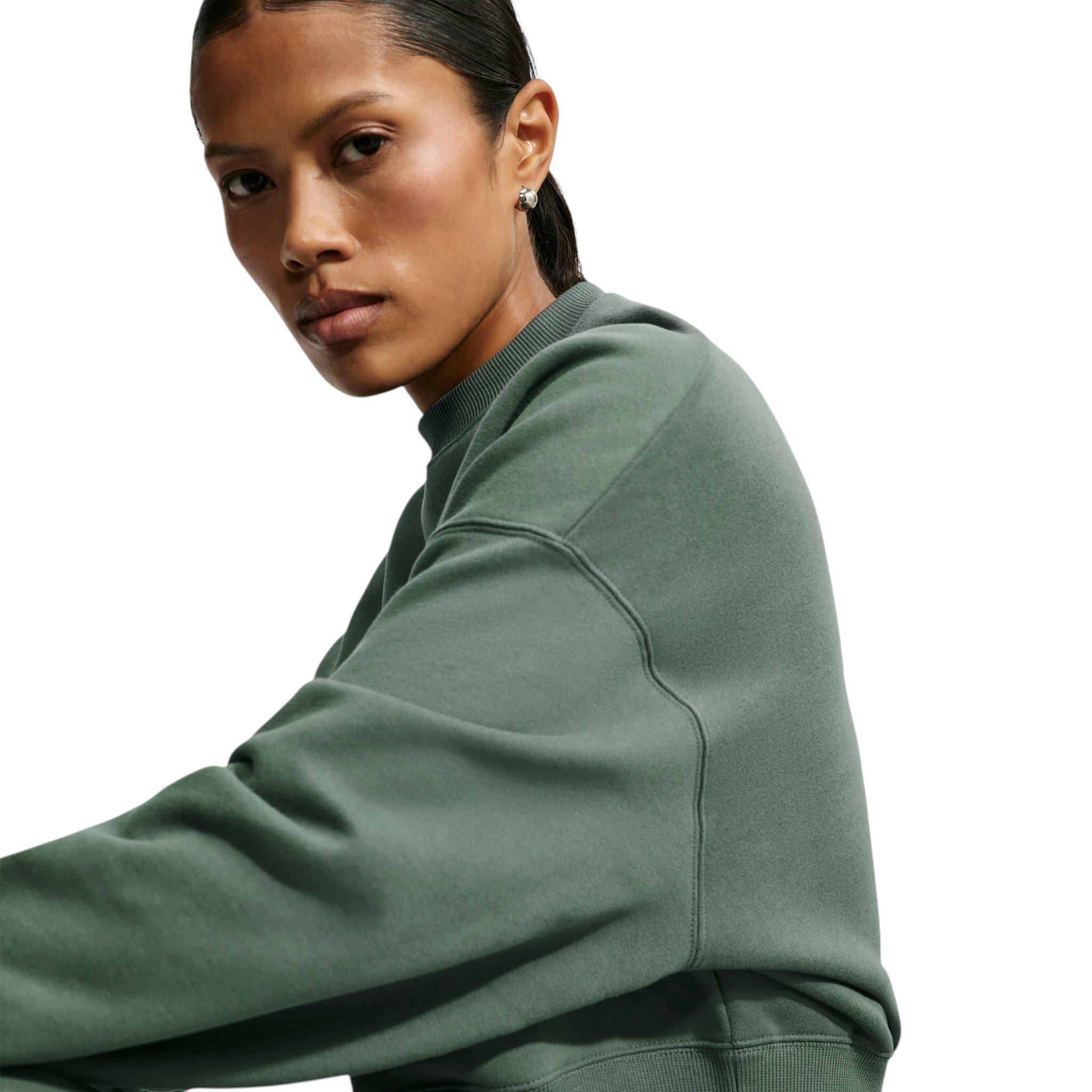 Nike Women's Studio Fleece Lightweight "French Terry" Oversized Cropped Pleated Crewneck - Green - GREEN