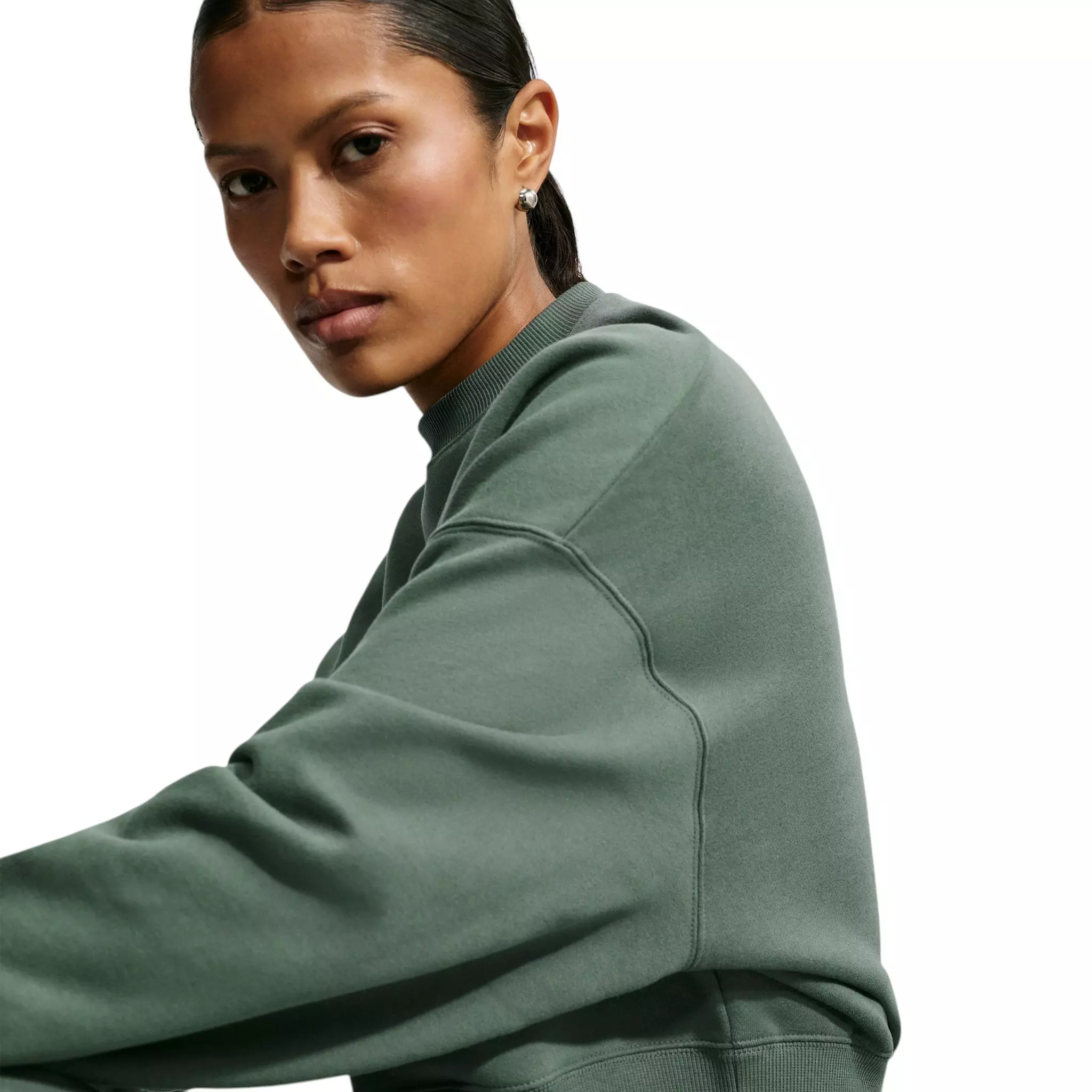 Nike Women's Studio Fleece Lightweight "French Terry" Oversized Cropped Pleated Crewneck - Green - GREEN