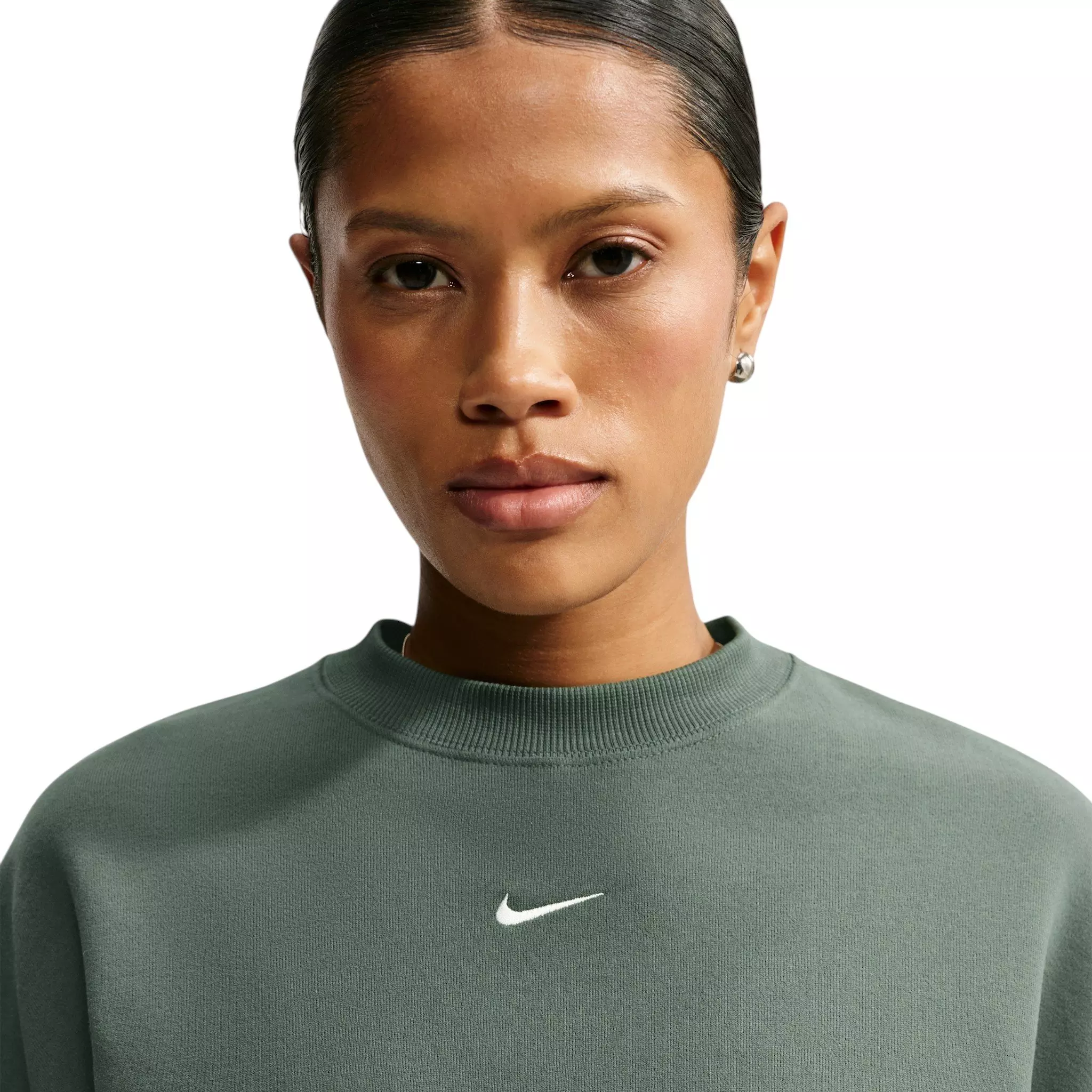 Nike Women's Studio Fleece Lightweight "French Terry" Oversized Cropped Pleated Crewneck - Green - GREEN