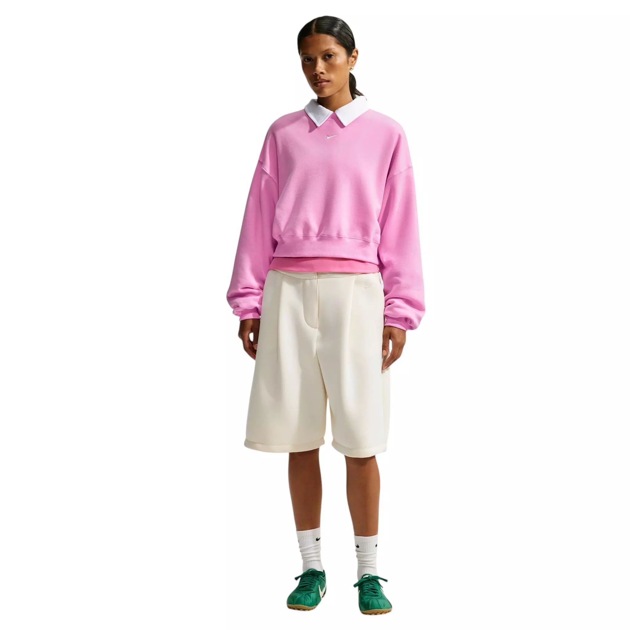 Nike Women's Studio Fleece Lightweight "French Terry" Oversized Cropped Pleated Crewneck - Pink - PINK