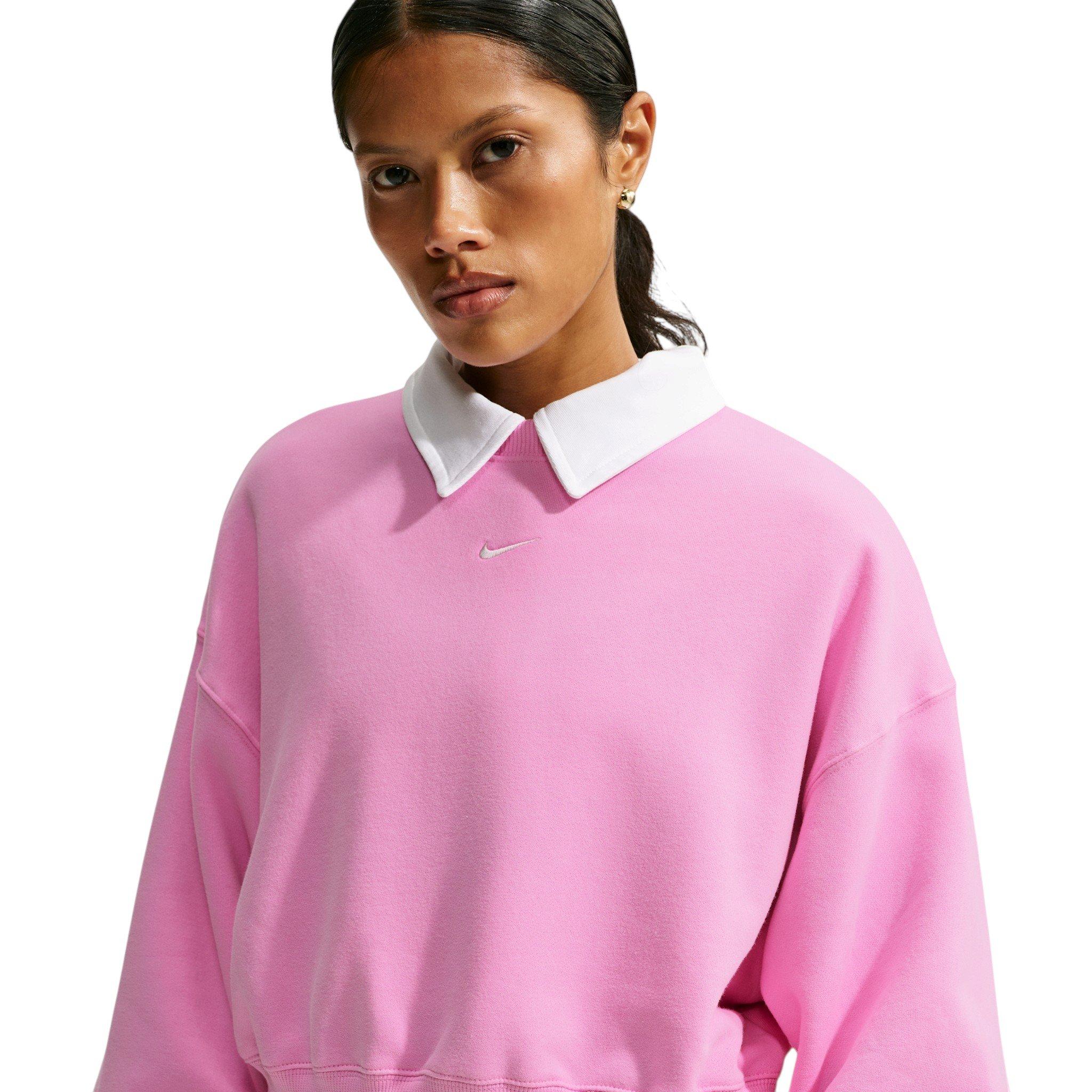 Nike Women's Studio Fleece Lightweight "French Terry" Oversized Cropped Pleated Crewneck - Pink - PINK