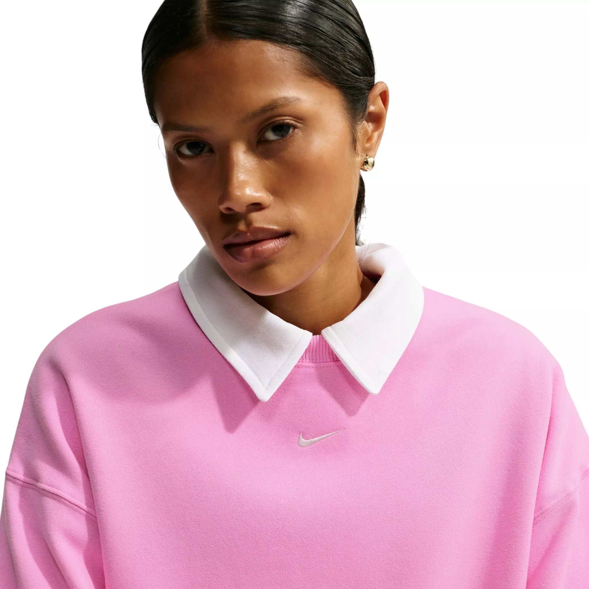 Nike Women's Studio Fleece Lightweight "French Terry" Oversized Cropped Pleated Crewneck - Pink - PINK