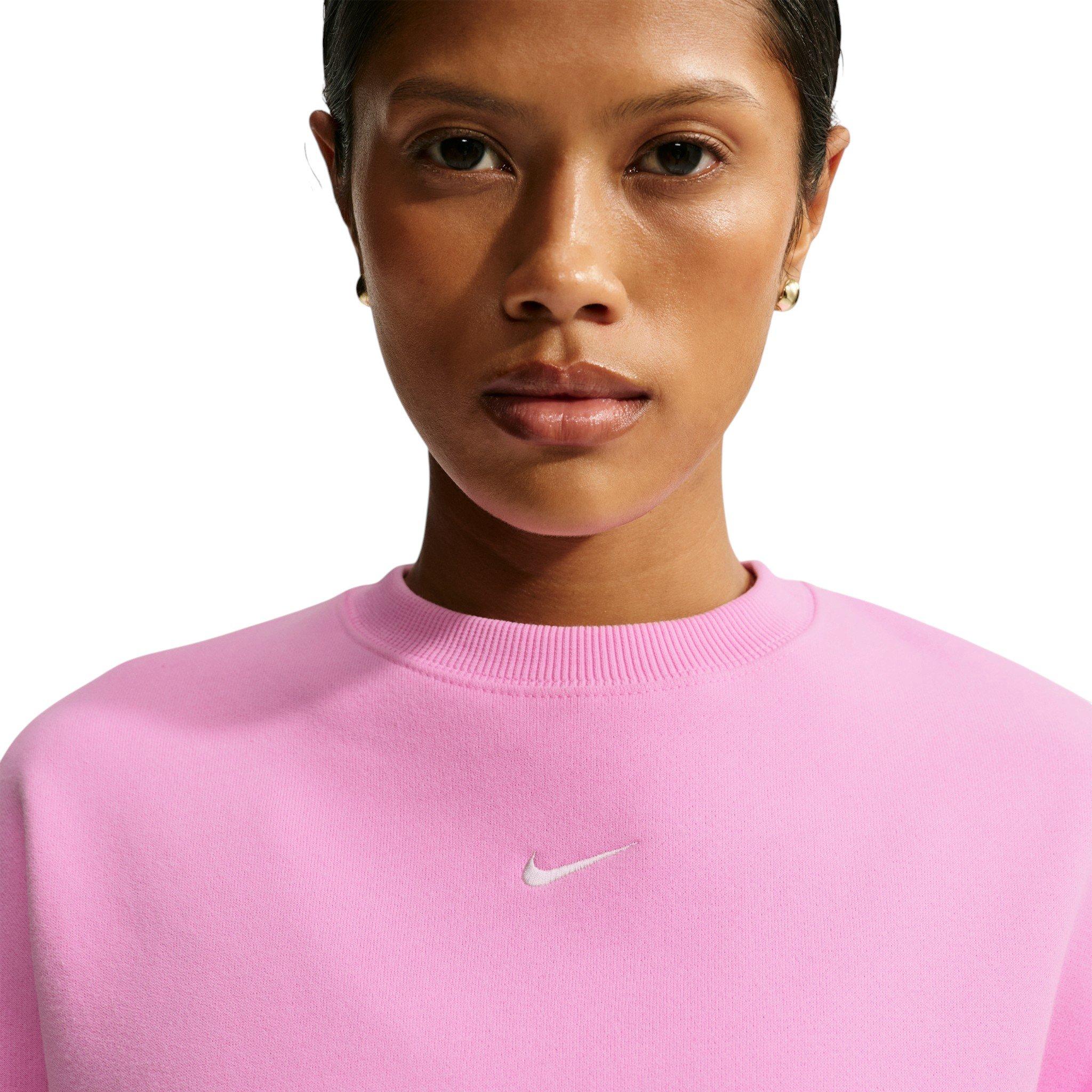 Nike Women's Studio Fleece Lightweight "French Terry" Oversized Cropped Pleated Crewneck - Pink - PINK