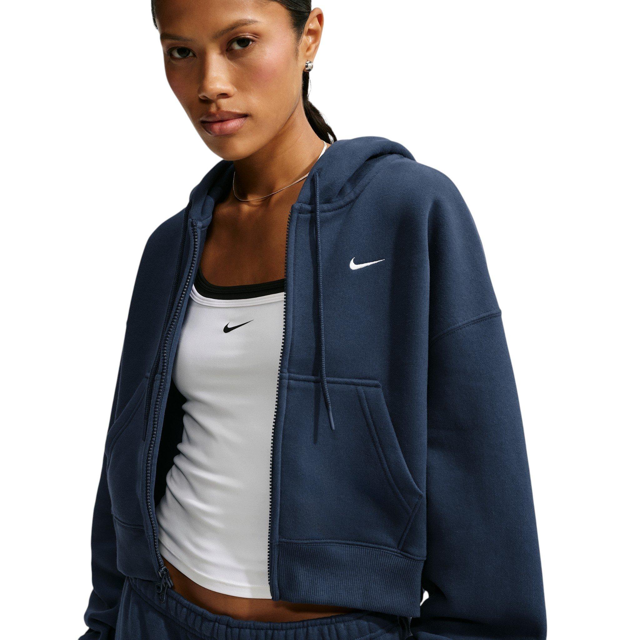 Nike Women's Studio Fleece Medium Weight Oversized Full-Zip Cropped Hooded Jacket - Navy - NAVY