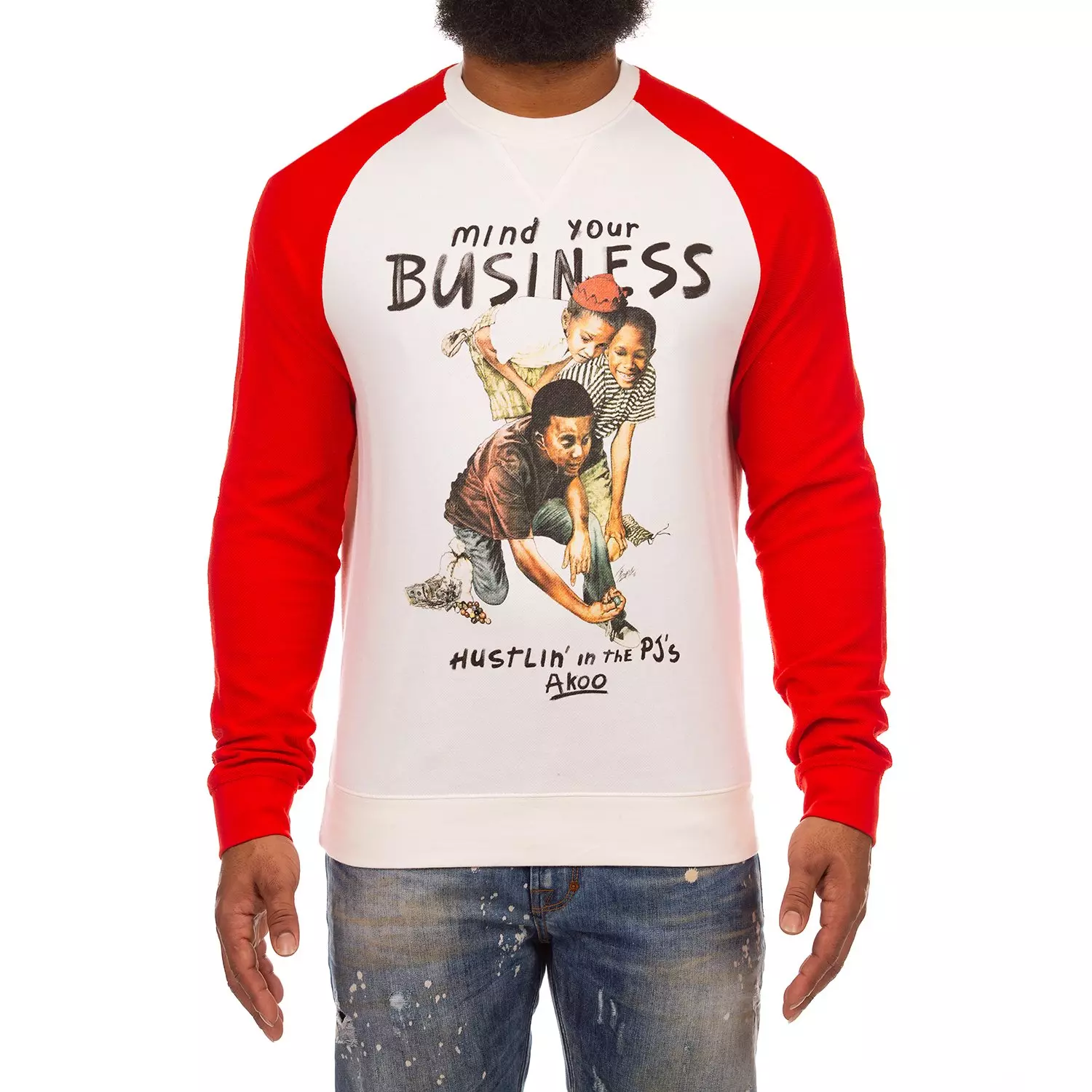 AKOO Men's Mind Your Business Crewneck Long Sleeve Tee - WHITE/RED