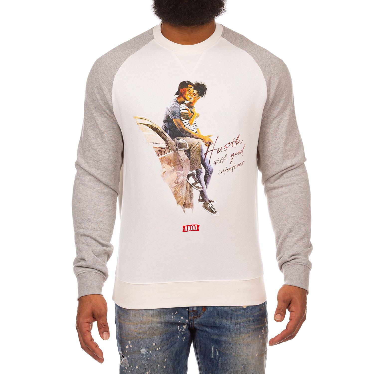 AKOO Men's Hustla Crewneck Long Sleeve Tee - WHITE/GREY Thumbnail View 1