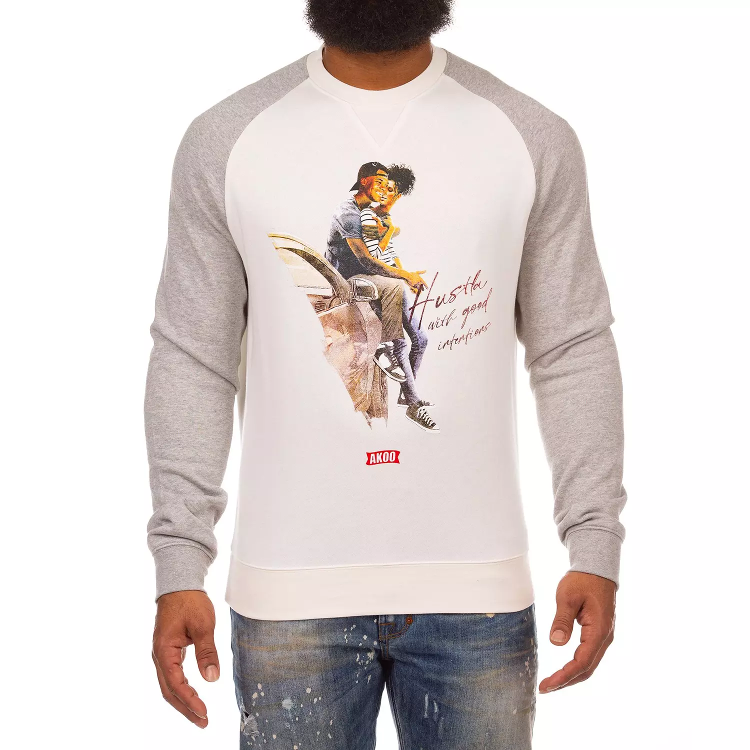 AKOO Men's Hustla Crewneck Long Sleeve Tee - WHITE/GREY