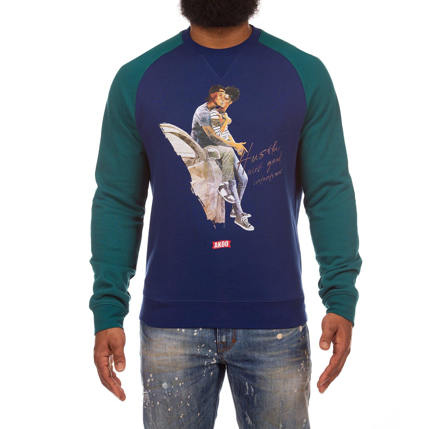 AKOO Men's Hustla Crewneck Long Sleeve Tee - BLUE/GREEN Thumbnail View 1