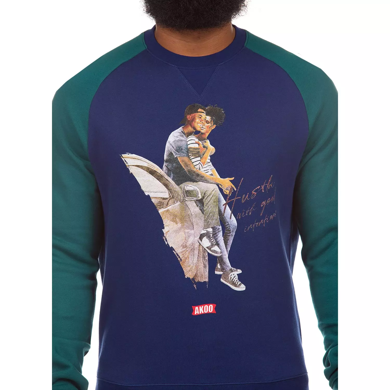 AKOO Men's Hustla Crewneck Long Sleeve Tee - BLUE/GREEN