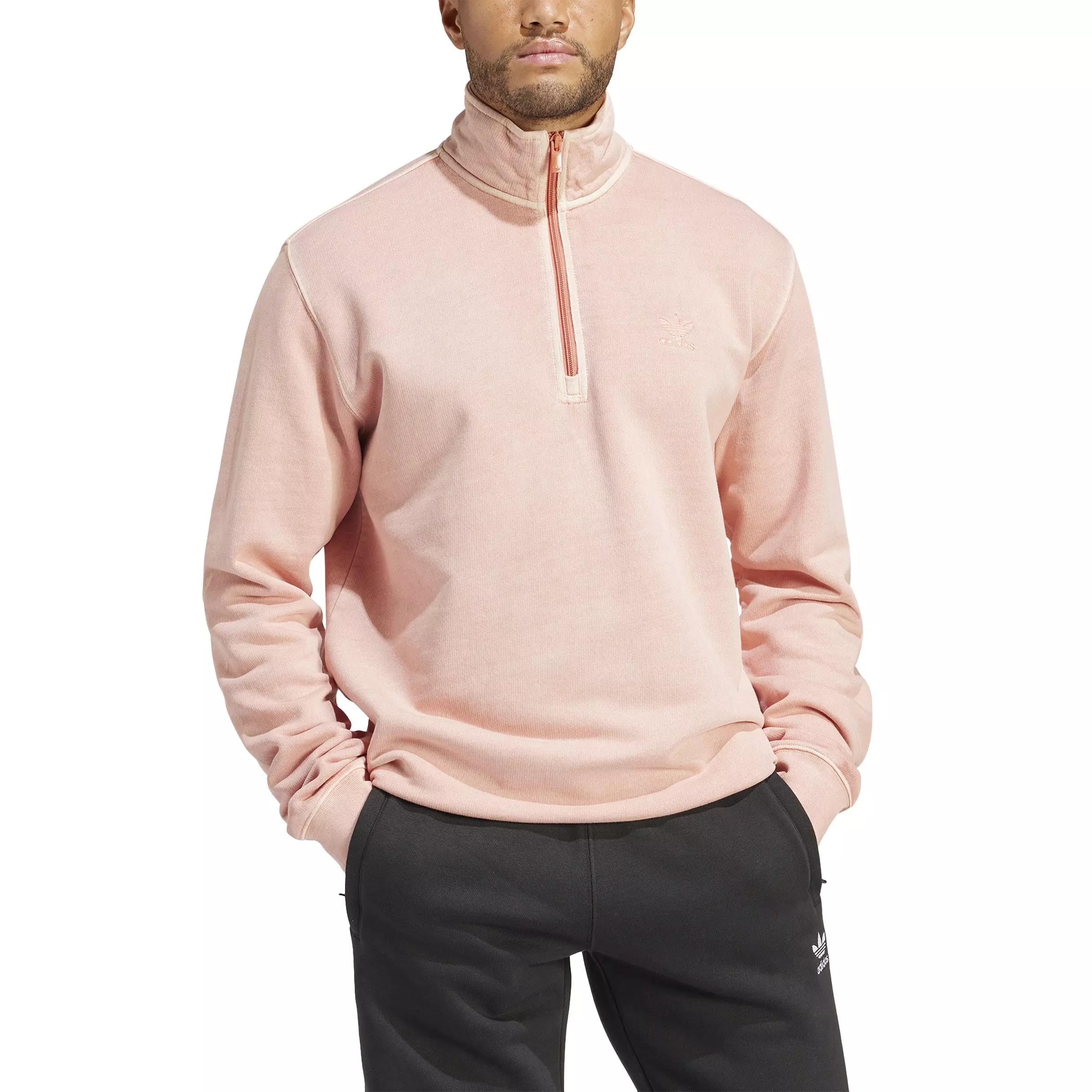 adidas Originals Men's Thrfoil Essentials+ Dye Half Zip Crew Sweatshirt -Clay - CLAY