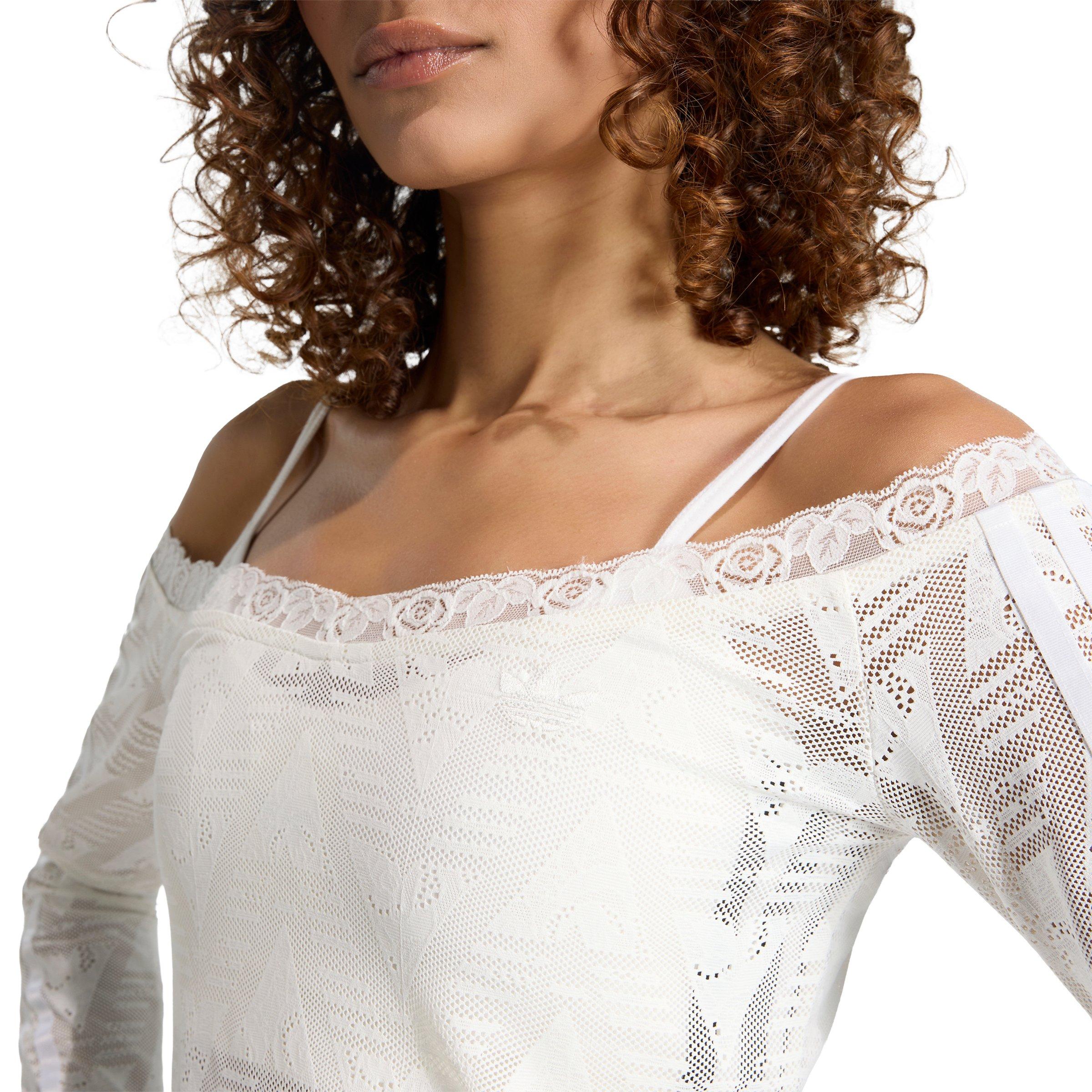 adidas Originals Women's Long-Sleeve Lace Bardot Top - White - WHITE Thumbnail View 3