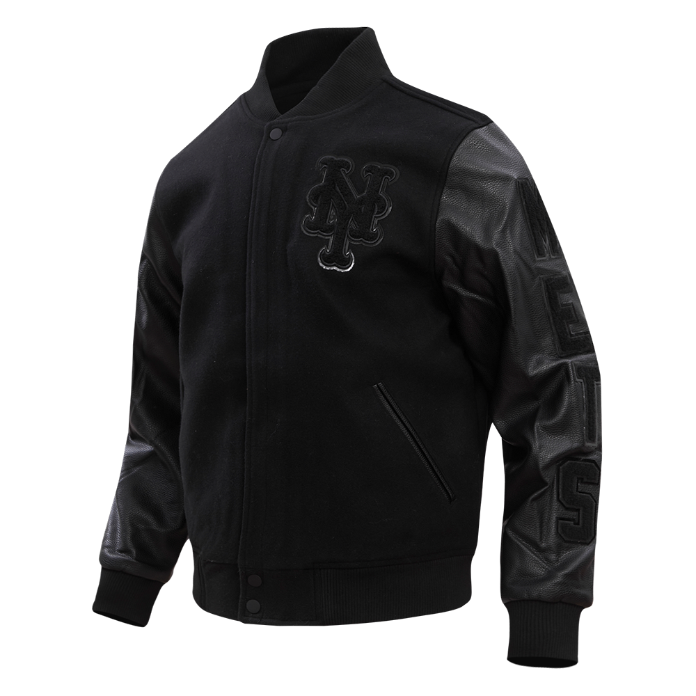Pro Standard Men's New York Mets Triple Black Wool Varsity Jacket - BLACK Thumbnail View 3