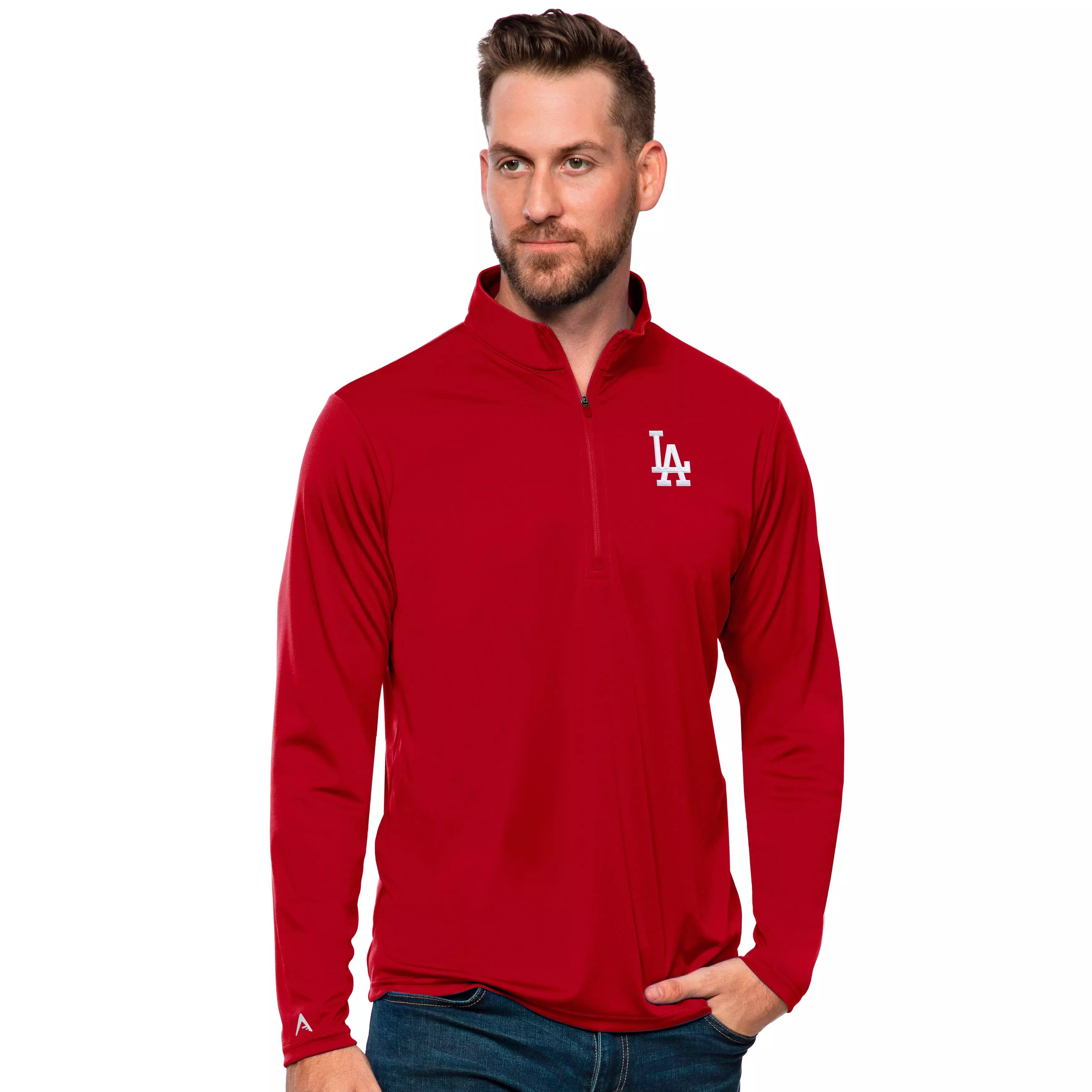Antigua Men's Los Angeles Dodgers Tribute Quarter-Zip Pullover Jacket - RED