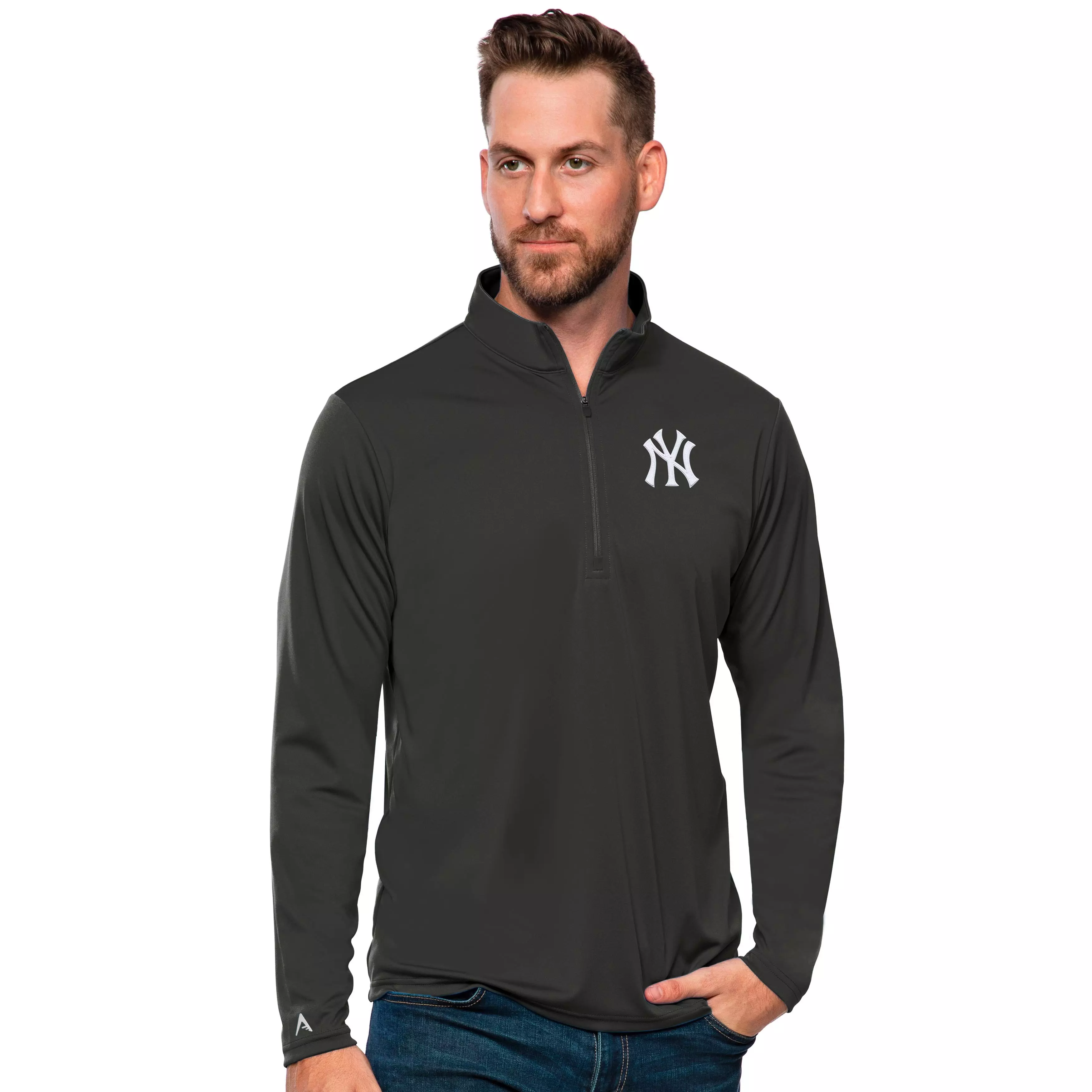 Antigua Men's New York Yankees Tribute Quarter-Zip Pullover Jacket - SMOKE