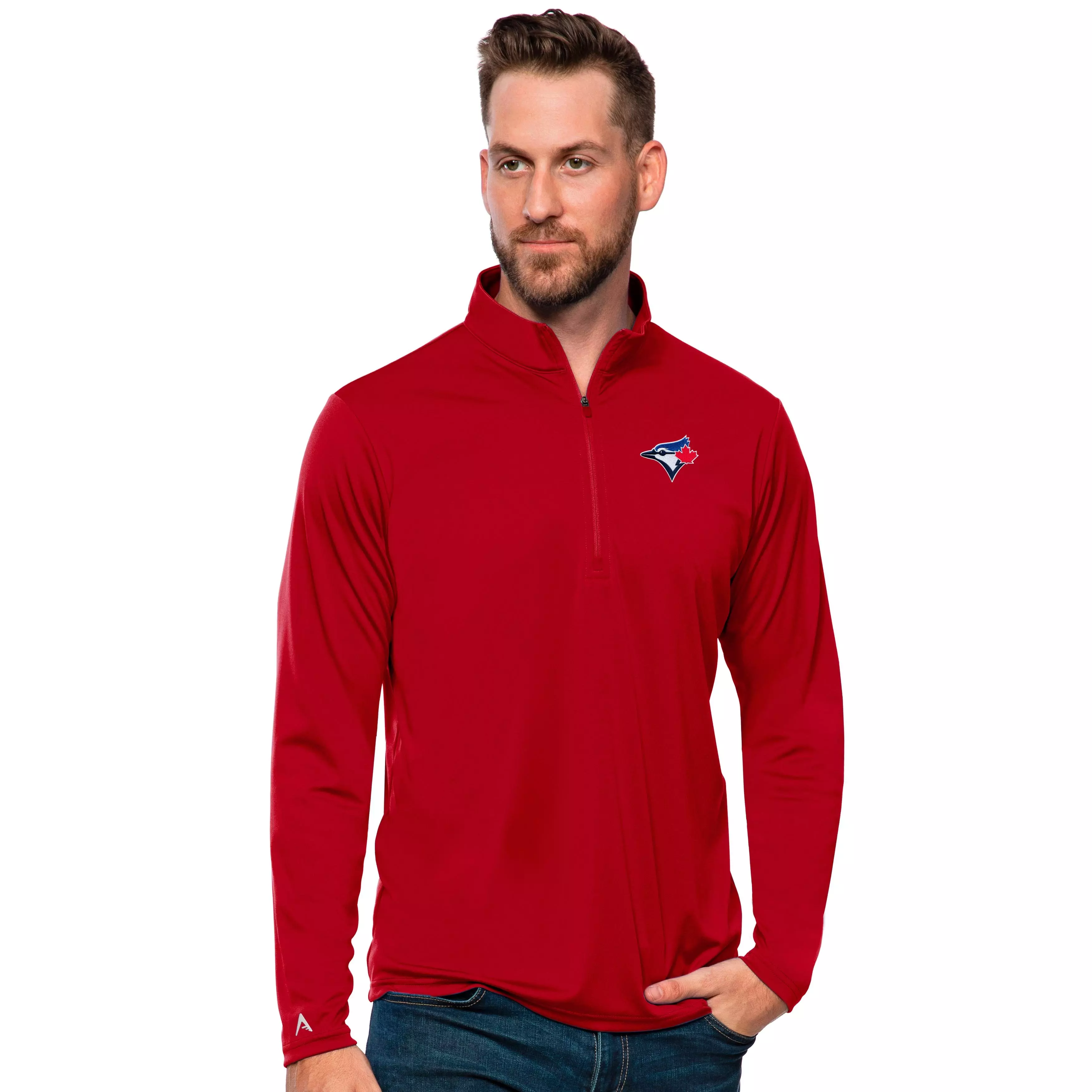 Antigua Men's Toronto Blue Jays Tribute Quarter-Zip Pullover Jacket - RED