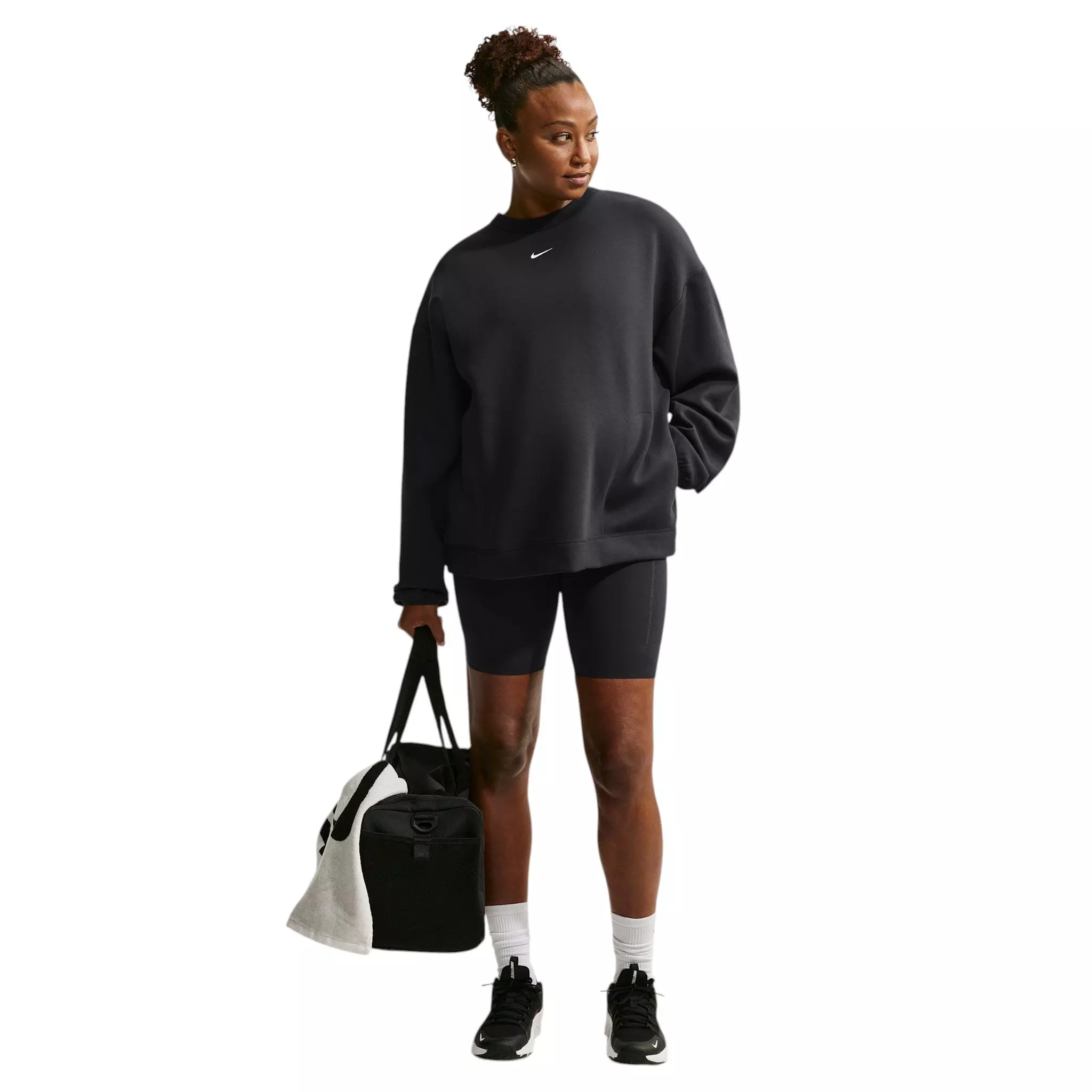 Nike Women's Maternity Studio Fleece Sport Dri-FIT Oversized Crewneck Sweatshirt - Black/White - BLACK/WHITE