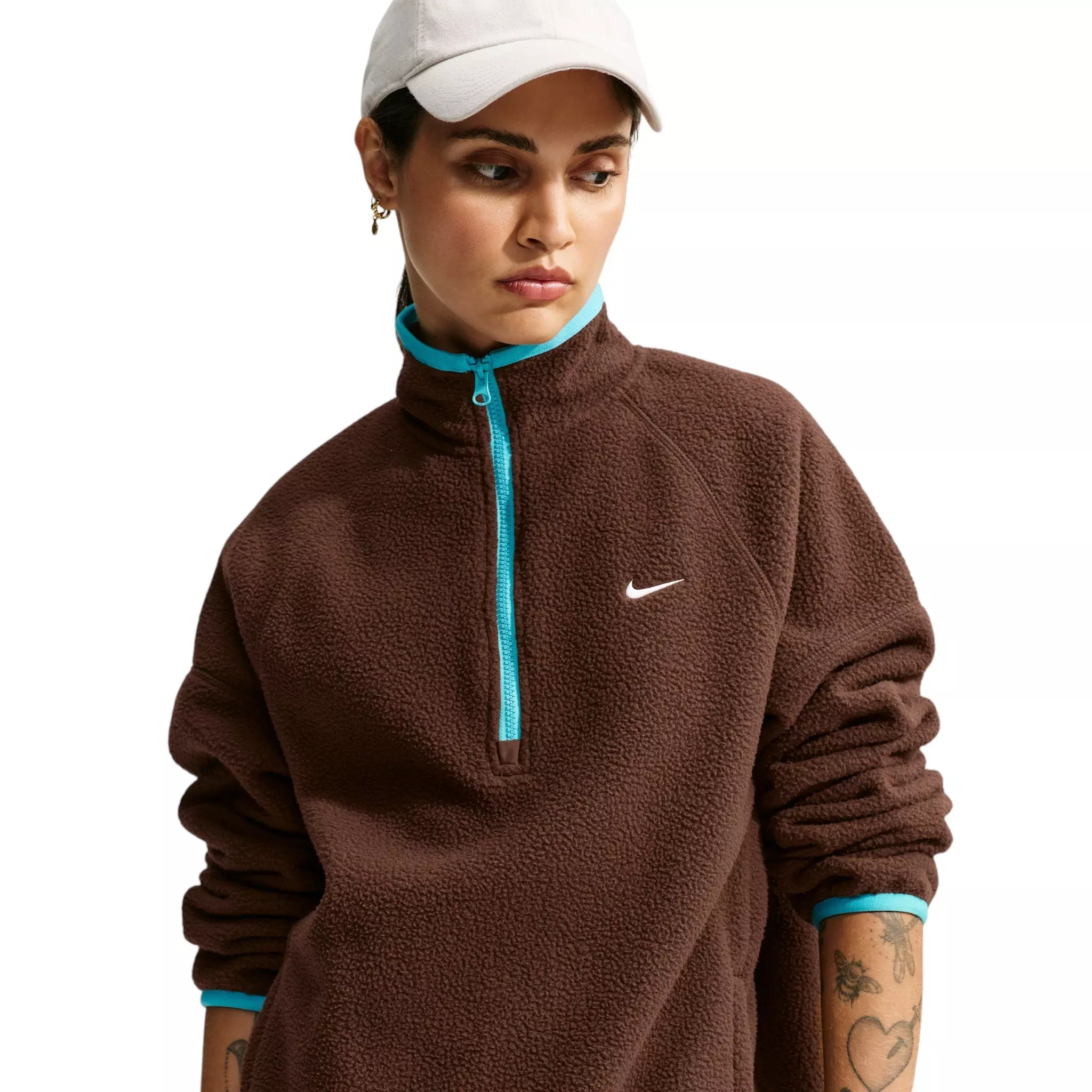 Nike Women's Sportswear Oversized 1/4 Fleece Top - Brown/Blue - BROWN/BLUE
