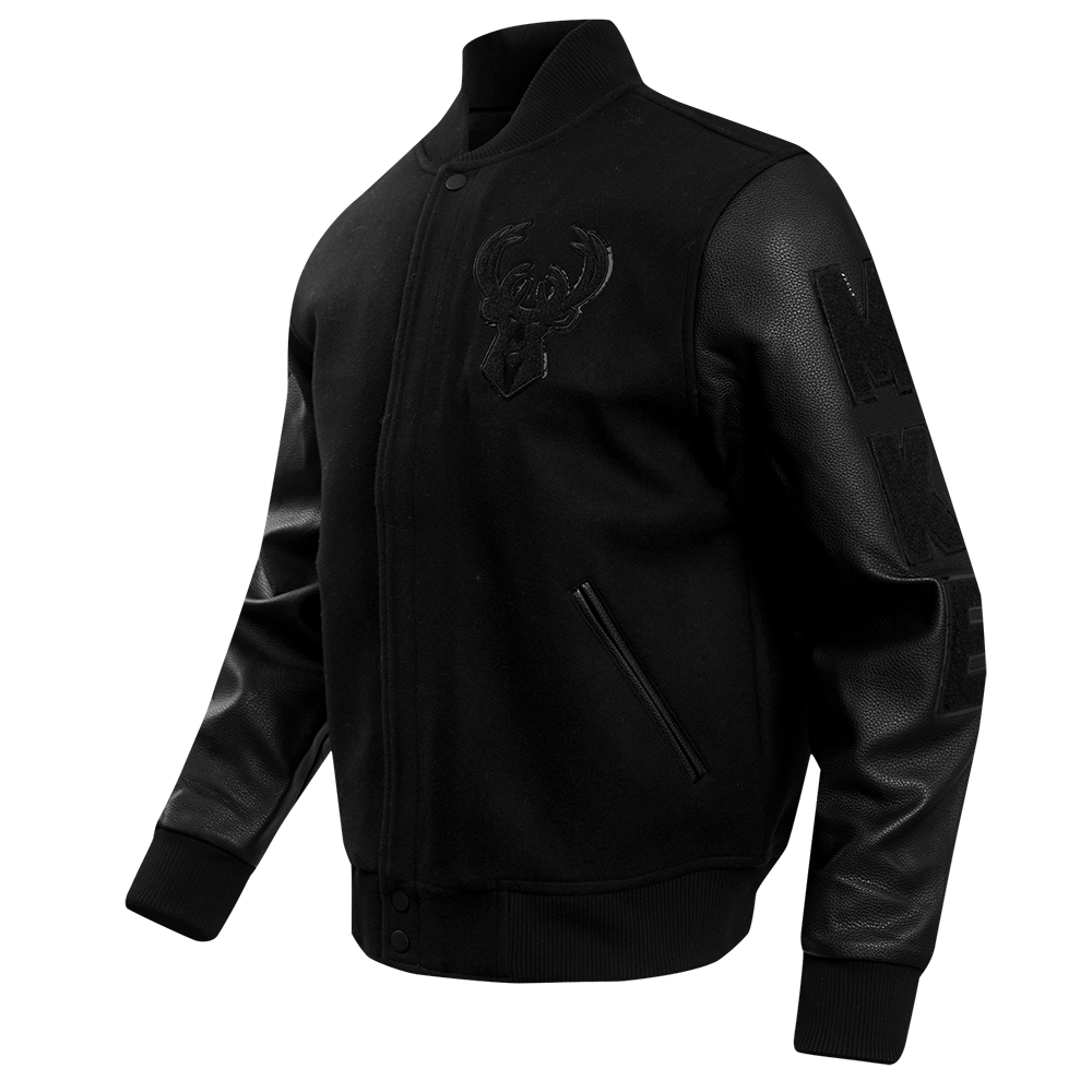 Pro Standard Men's Milwaukee Bucks Triple Black Pro Varsity Jacket - BLACK Thumbnail View 3