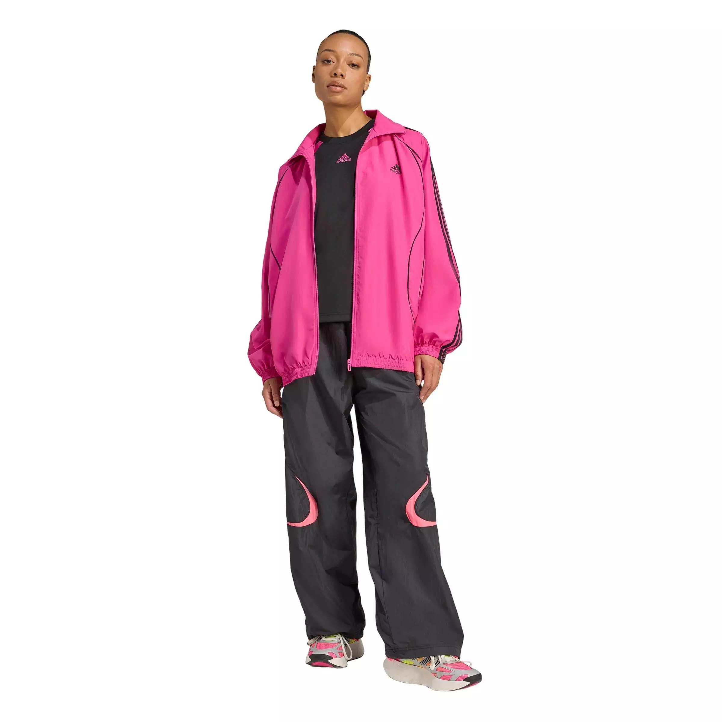 adidas Women's Teamgeist Adicolor Oversized Woven Track Top -Pink/Black - PINK/BLACK