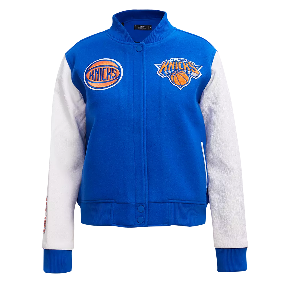 Pro Standard Women's New York Knicks Classic Wool Varsity Jacket - Royal/White - ROYAL/WHITE