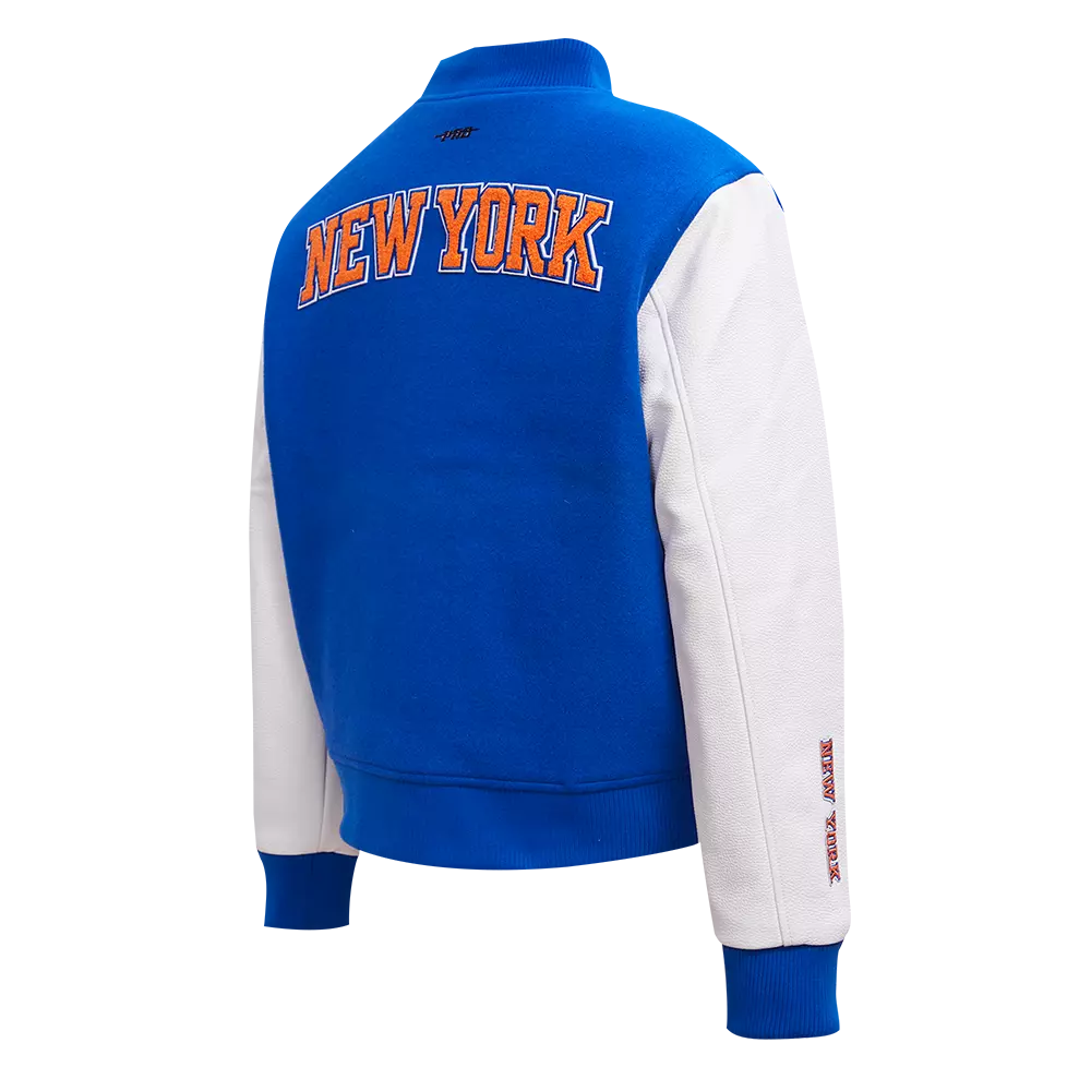 Pro Standard Women's New York Knicks Classic Wool Varsity Jacket -Royal/White - ROYAL/WHITE