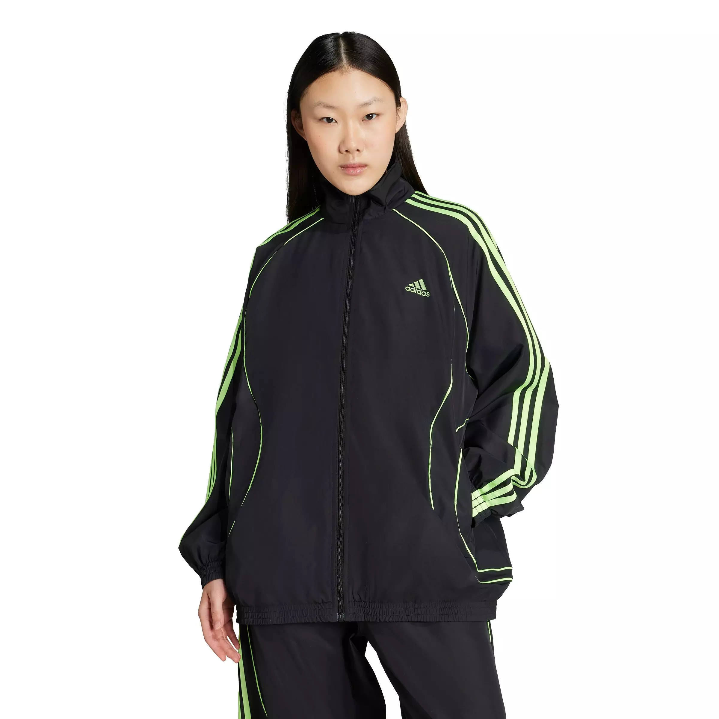 adidas Women's Teamgeist Adicolor Oversized Woven Track Top -Black/Green - BLACK/GREEN