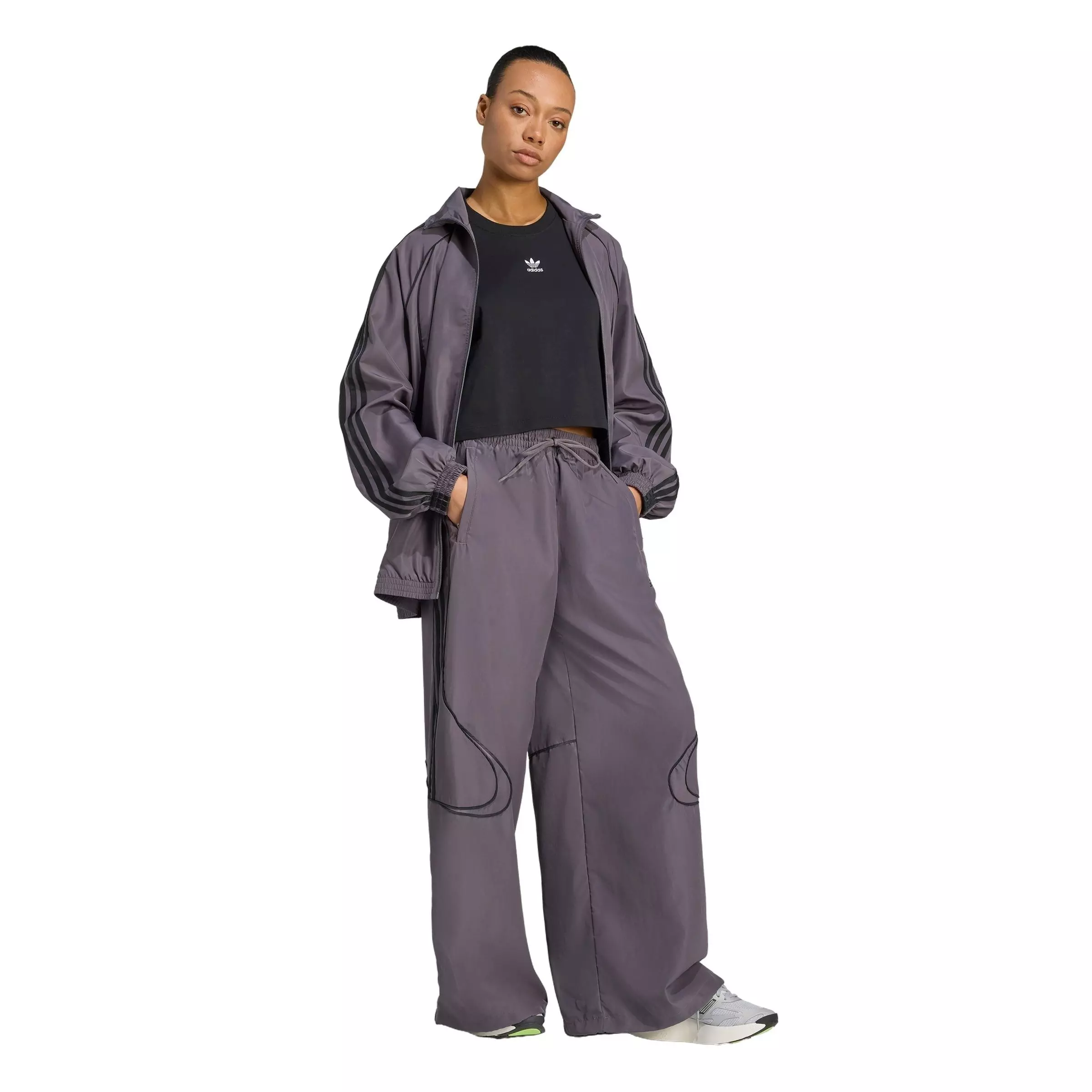 adidas Women's Teamgeist Adicolor Oversized Woven Track Pant - Grey/Black - GREY/BLACK