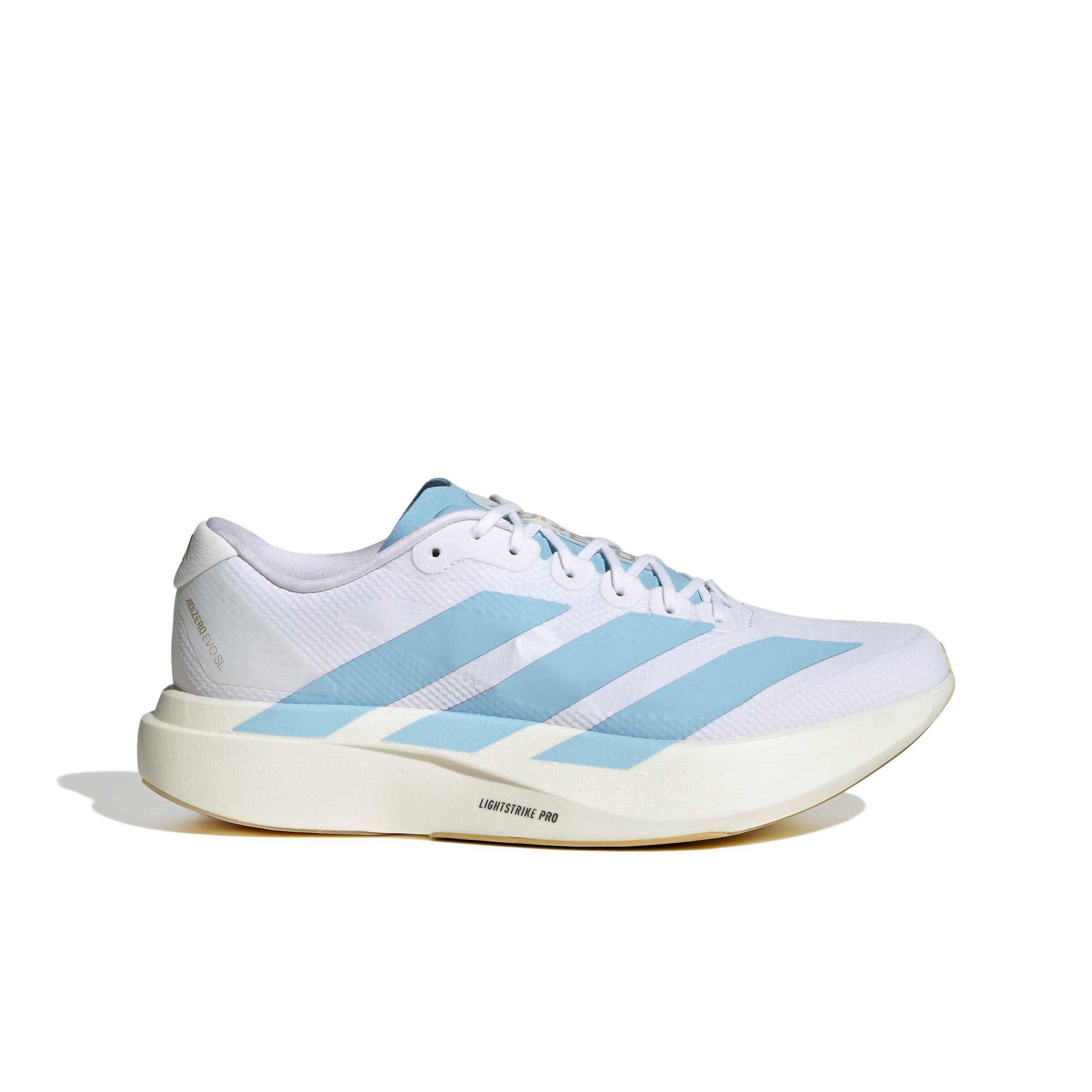 adidas Adizero EVO SL "Ftwr White/Clear Blue/Matte Gold" Men's Running Shoe - WHITE/BLUE/GOLD Thumbnail View 1