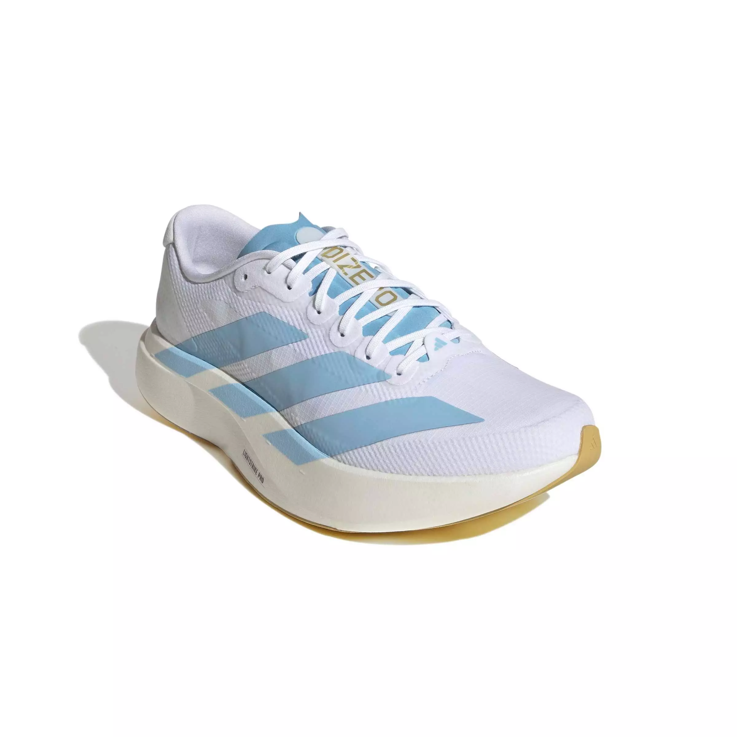 adidas Adizero EVO SL "Ftwr White/Clear Blue/Matte Gold" Men's Running Shoe - WHITE/BLUE/GOLD