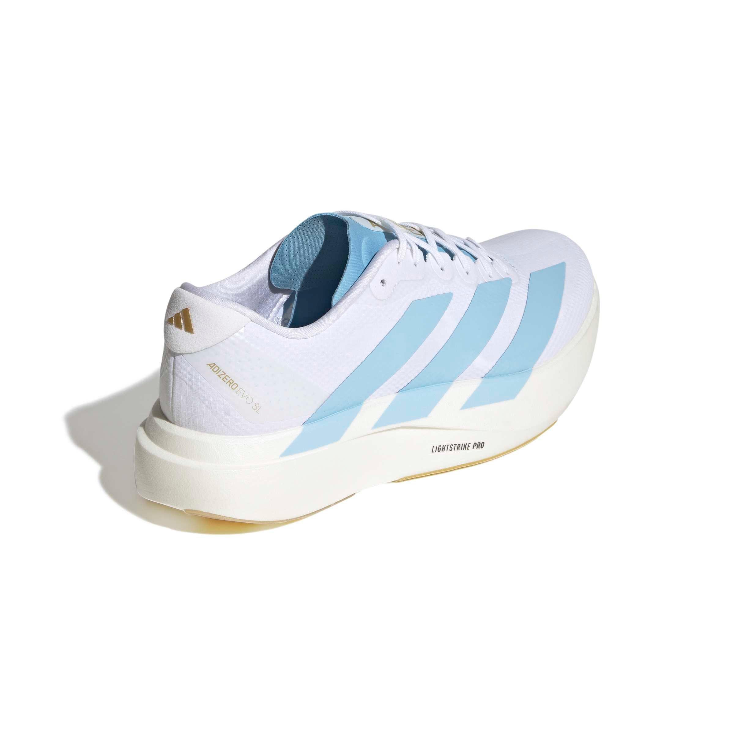 adidas Adizero EVO SL "Ftwr White/Clear Blue/Matte Gold" Men's Running Shoe - WHITE/BLUE/GOLD Thumbnail View 4