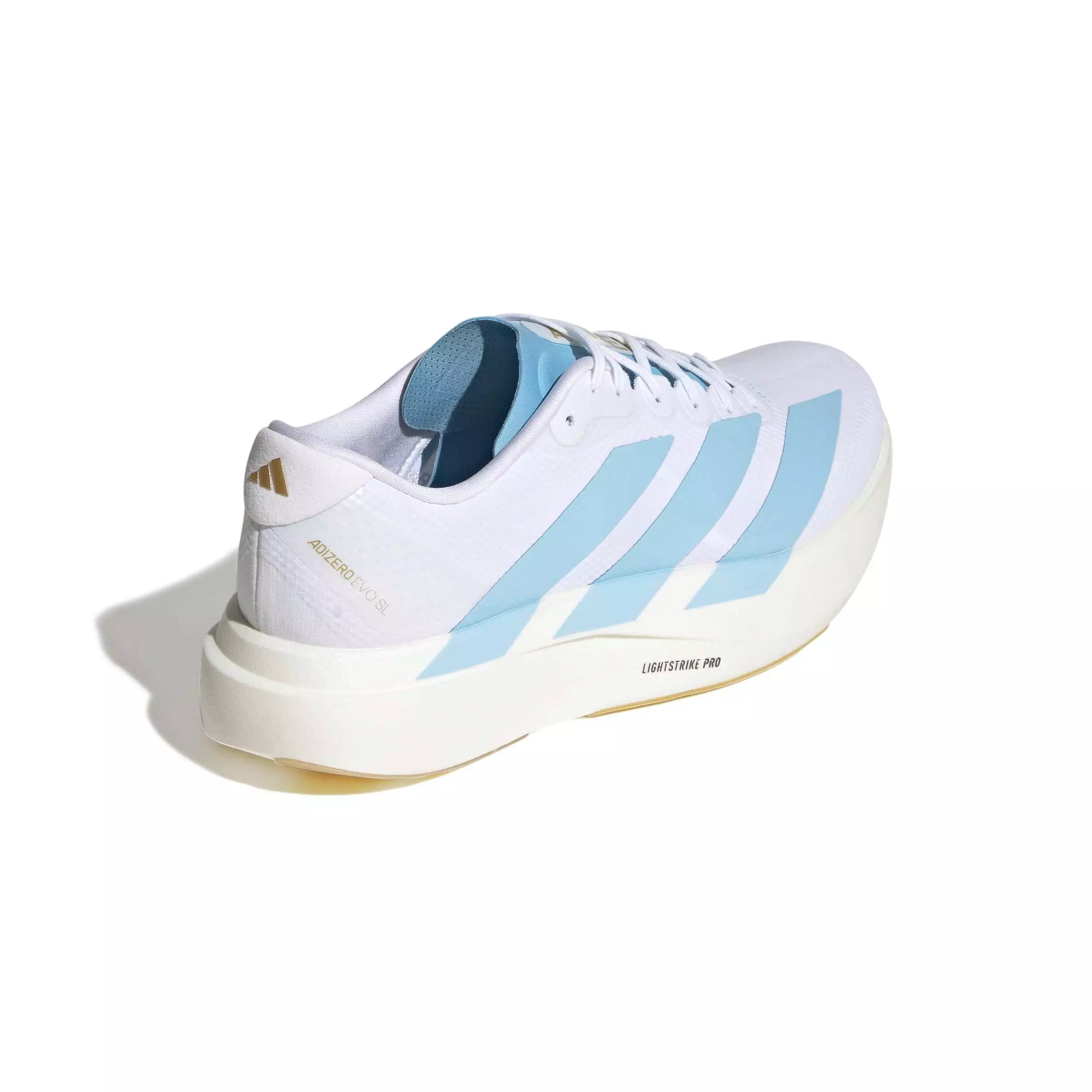 adidas Adizero EVO SL "Ftwr White/Clear Blue/Matte Gold" Men's Running Shoe - WHITE/BLUE/GOLD