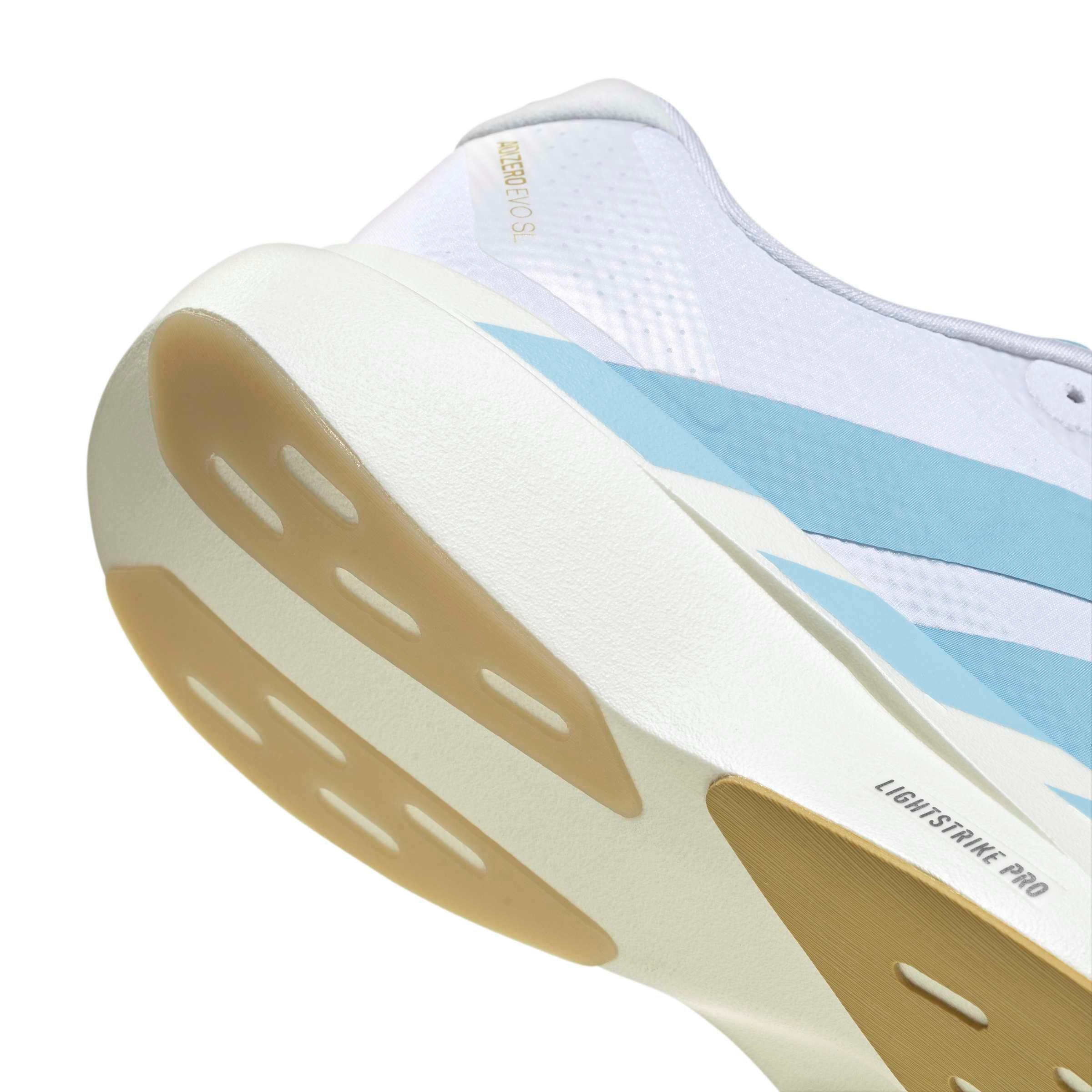 adidas Adizero EVO SL "Ftwr White/Clear Blue/Matte Gold" Men's Running Shoe - WHITE/BLUE/GOLD Thumbnail View 7