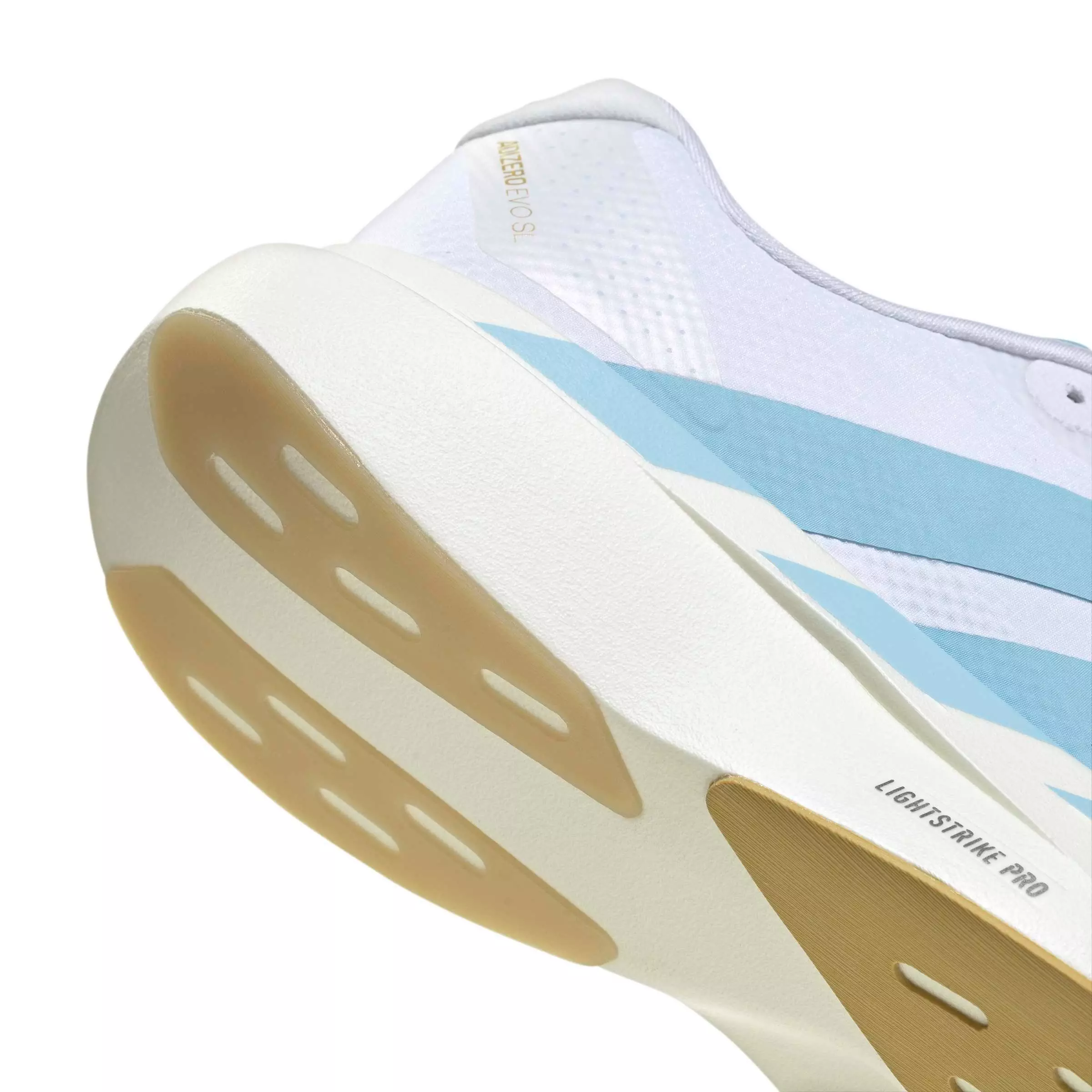 adidas Adizero EVO SL "Ftwr White/Clear Blue/Matte Gold" Men's Running Shoe - WHITE/BLUE/GOLD