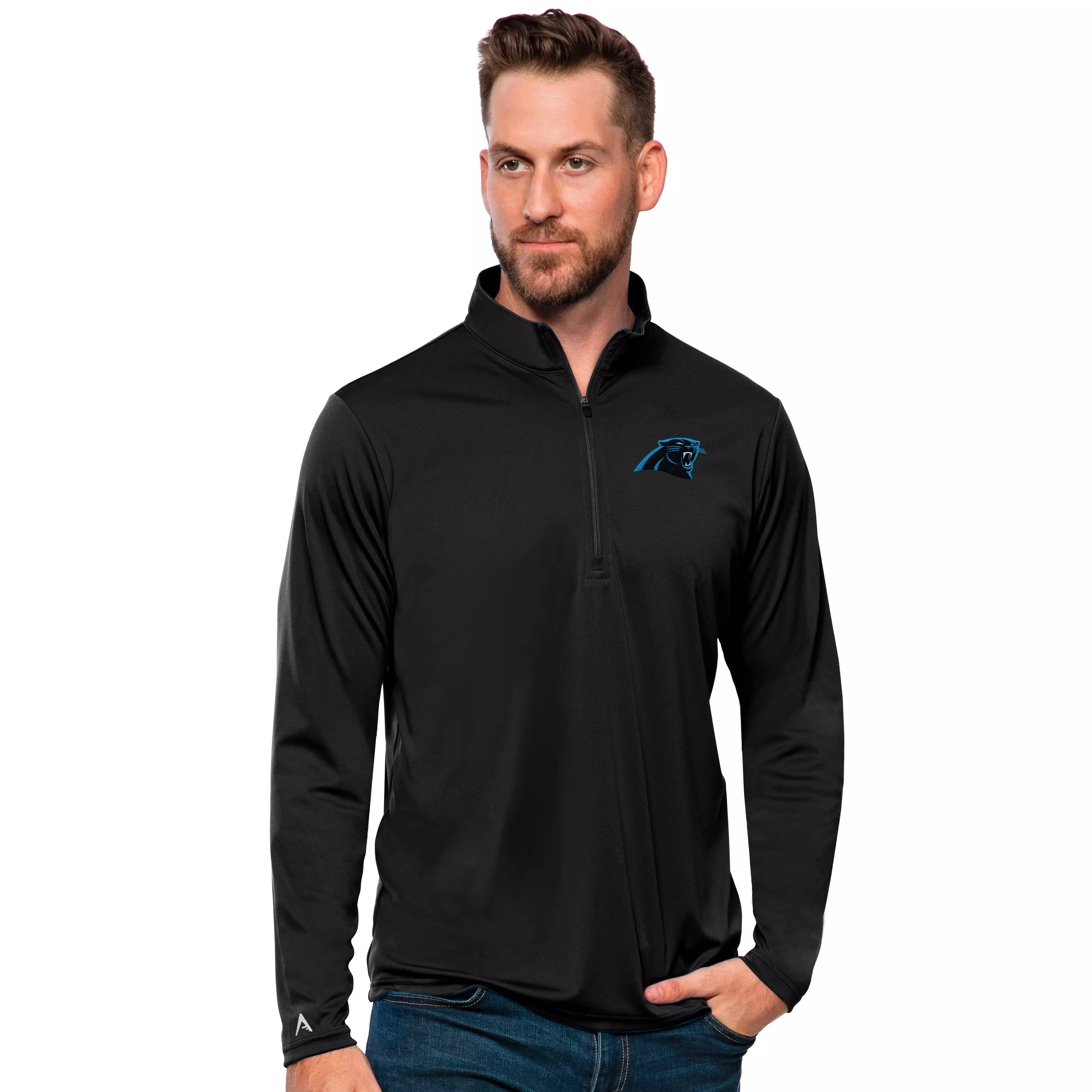 Antigua Men's Carolina Panthers Tribute Quarter-Zip Pullover Jacket - BLACK
