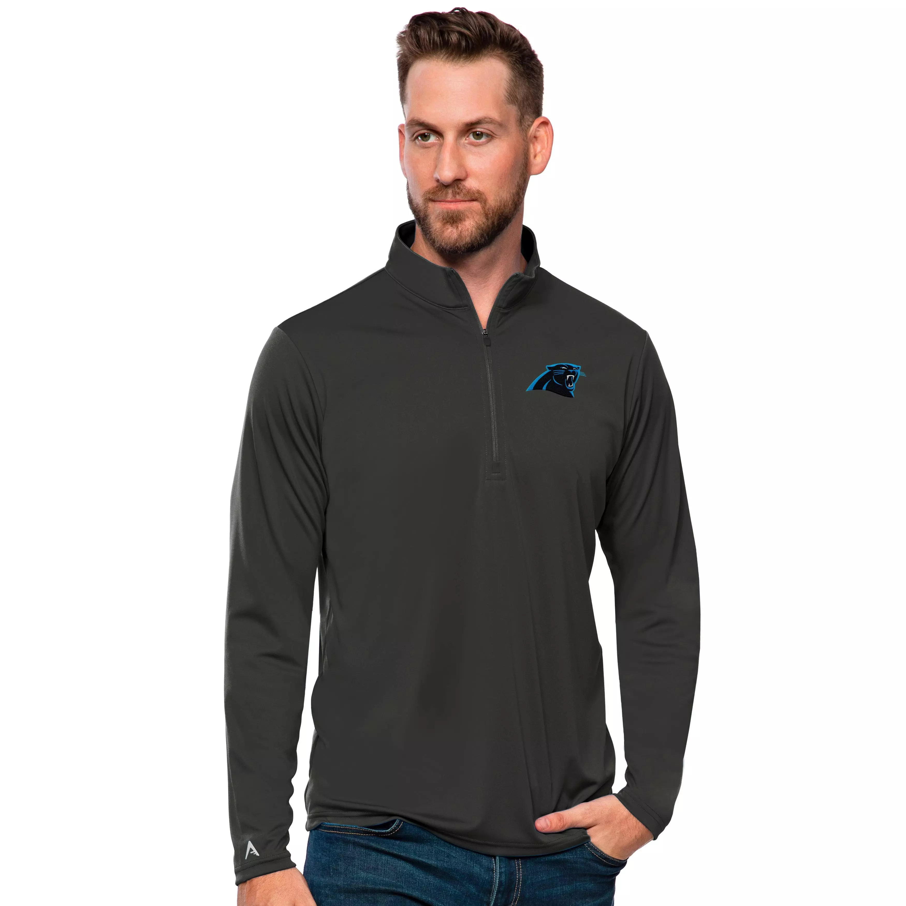 Antigua Men's Carolina Panthers Tribute Quarter-Zip Pullover Jacket - SMOKE