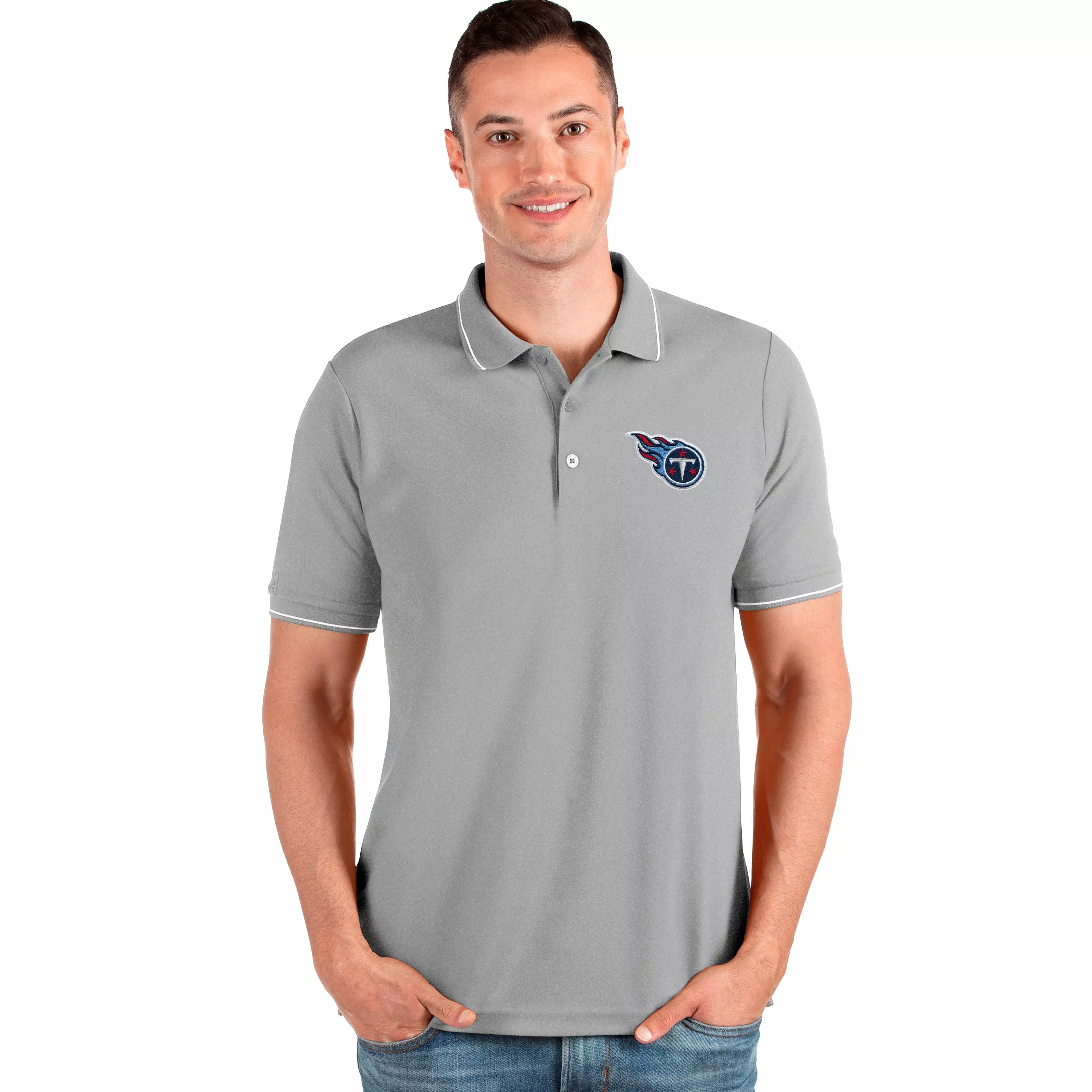 Antigua Men's Tennessee Titans Affluent Polo - GREY/WHITE