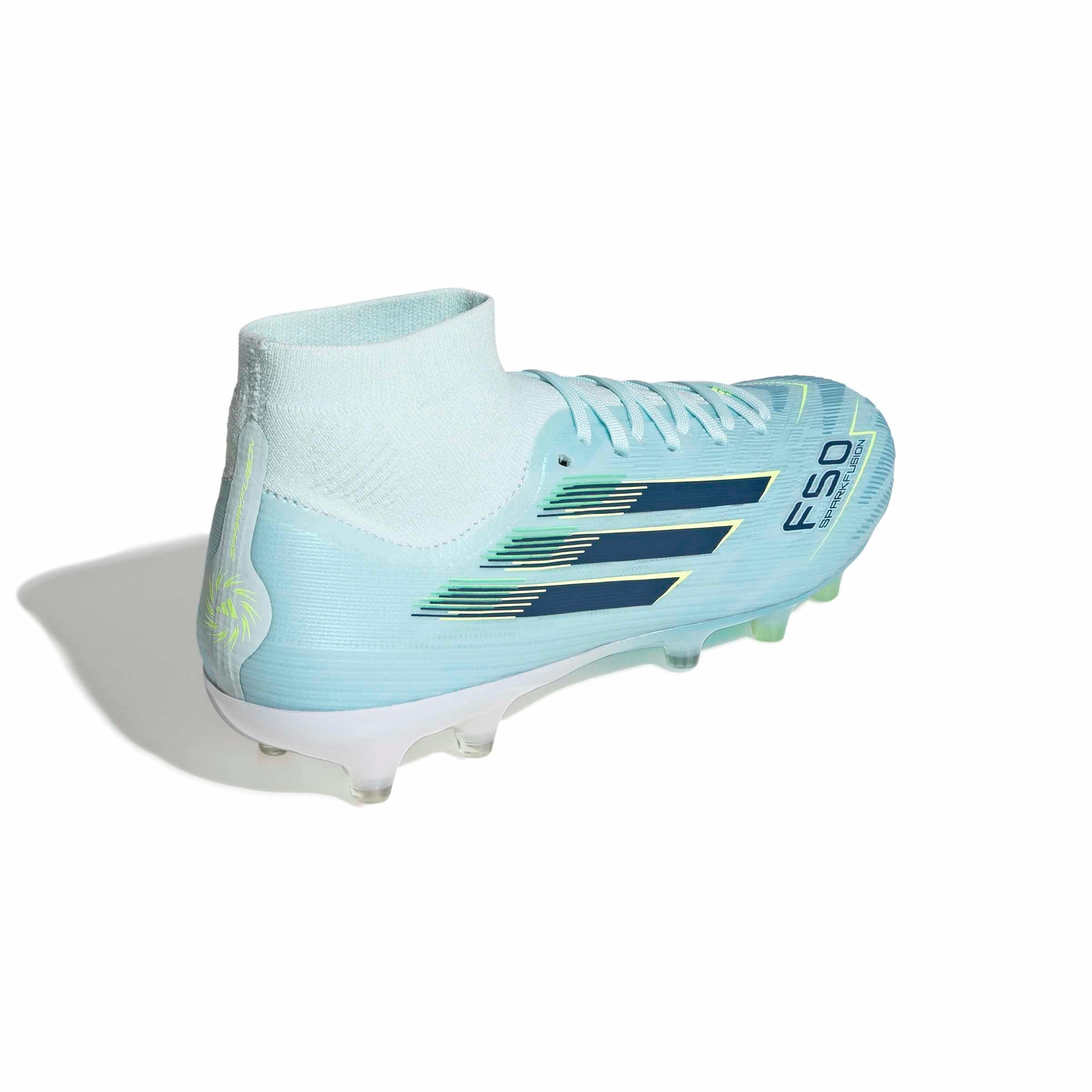 adidas F50 Sparkfusion Pro Mid Cut FG "Almost Blue/Dusky Petrol/Hi-Res Yellow" Women's Soccer Cleat - BLUE/DUSKY/YELLOW Thumbnail View 4