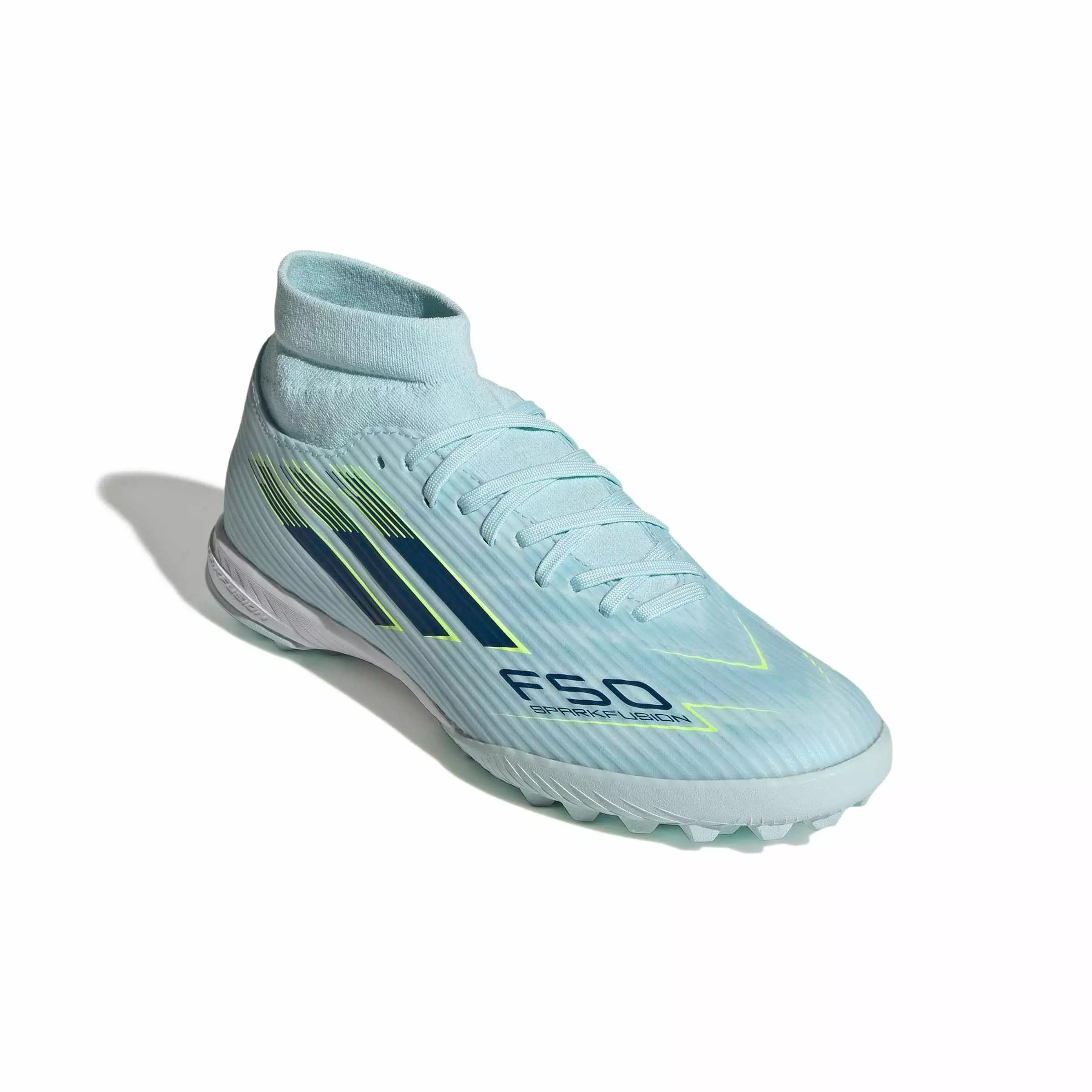 adidas F50 Sparkfusion League MC Turf "Almost Blue/Dusky Petrol/Hi-Res Yellow" Women's Soccer Shoe - BLUE/DUSKY/YELLOW