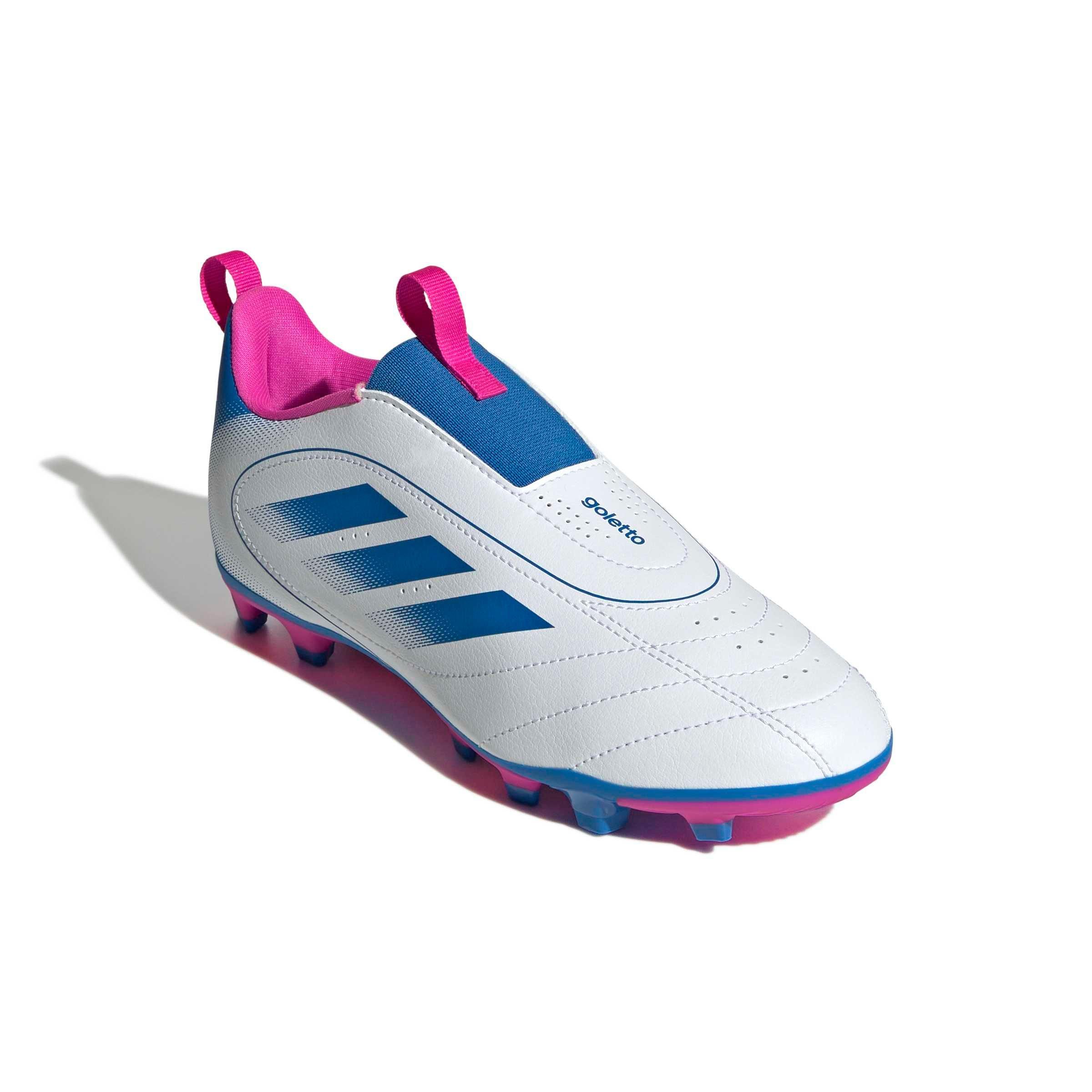 adidas Goletto IX Laceless FG Grade School Kids' "Ftwr White/Bright Royal/Shock Pink 2" Soccer Cleat
