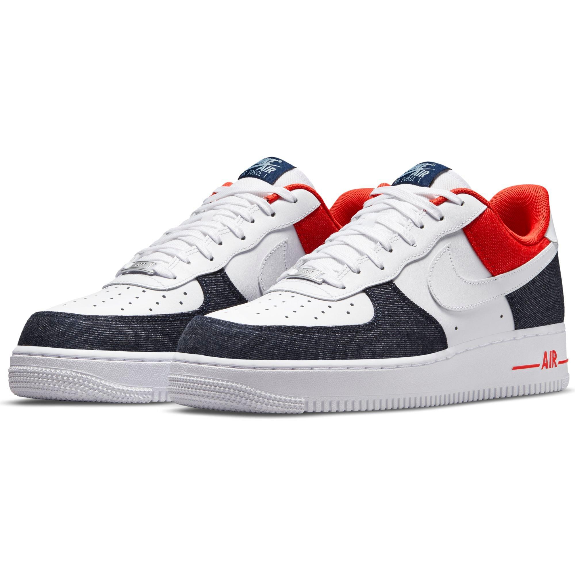 red and blue and white air force 1