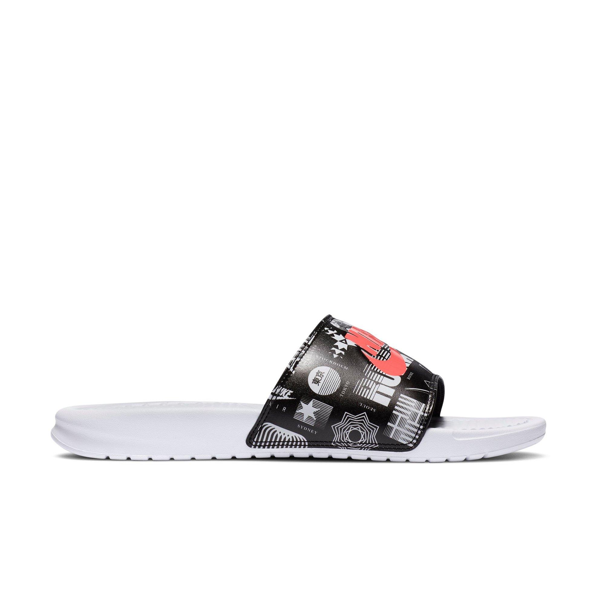 black white and red nike slides