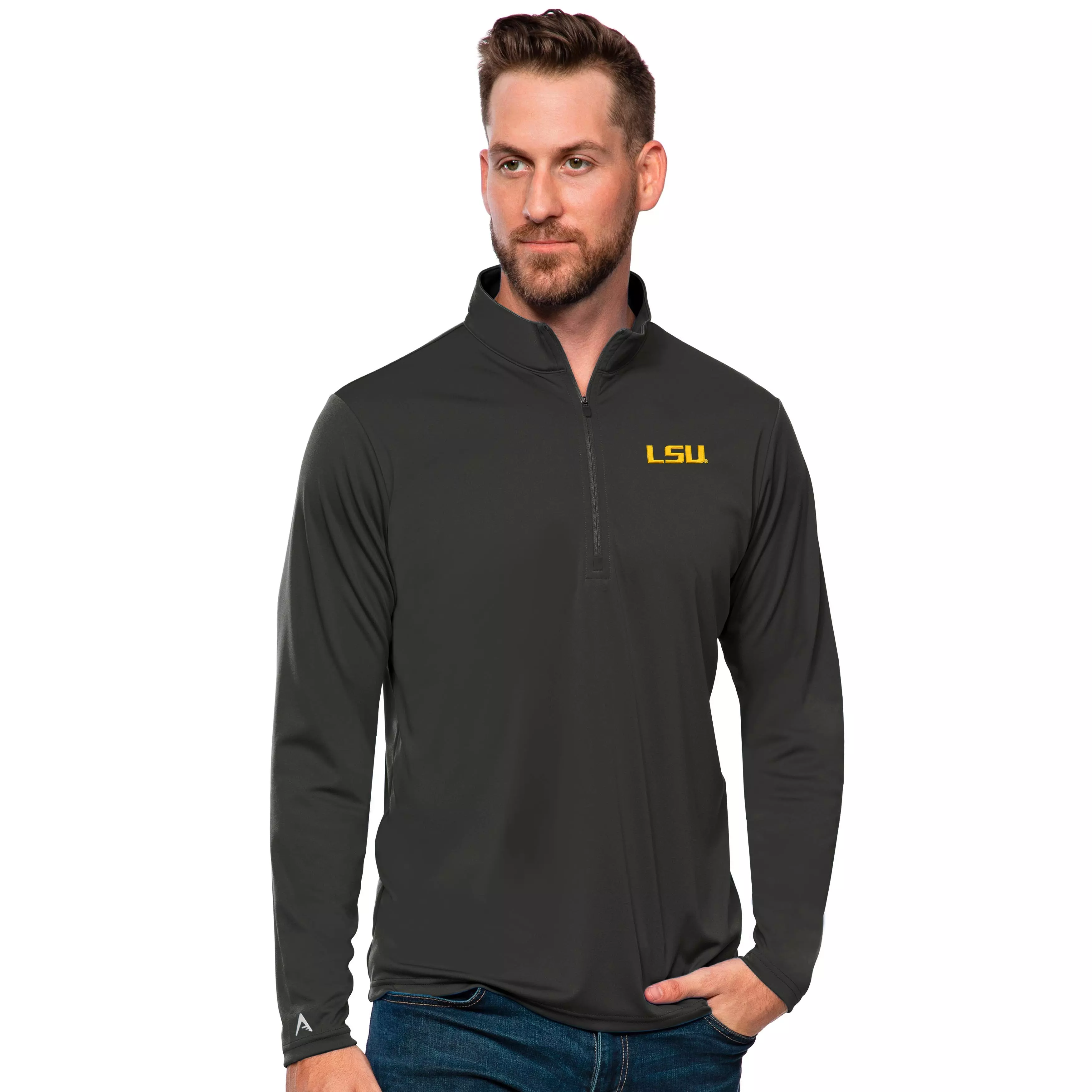 Antigua Men's LSU Tigers Tribute Quarter-Zip Pullover Jacket - SMOKE