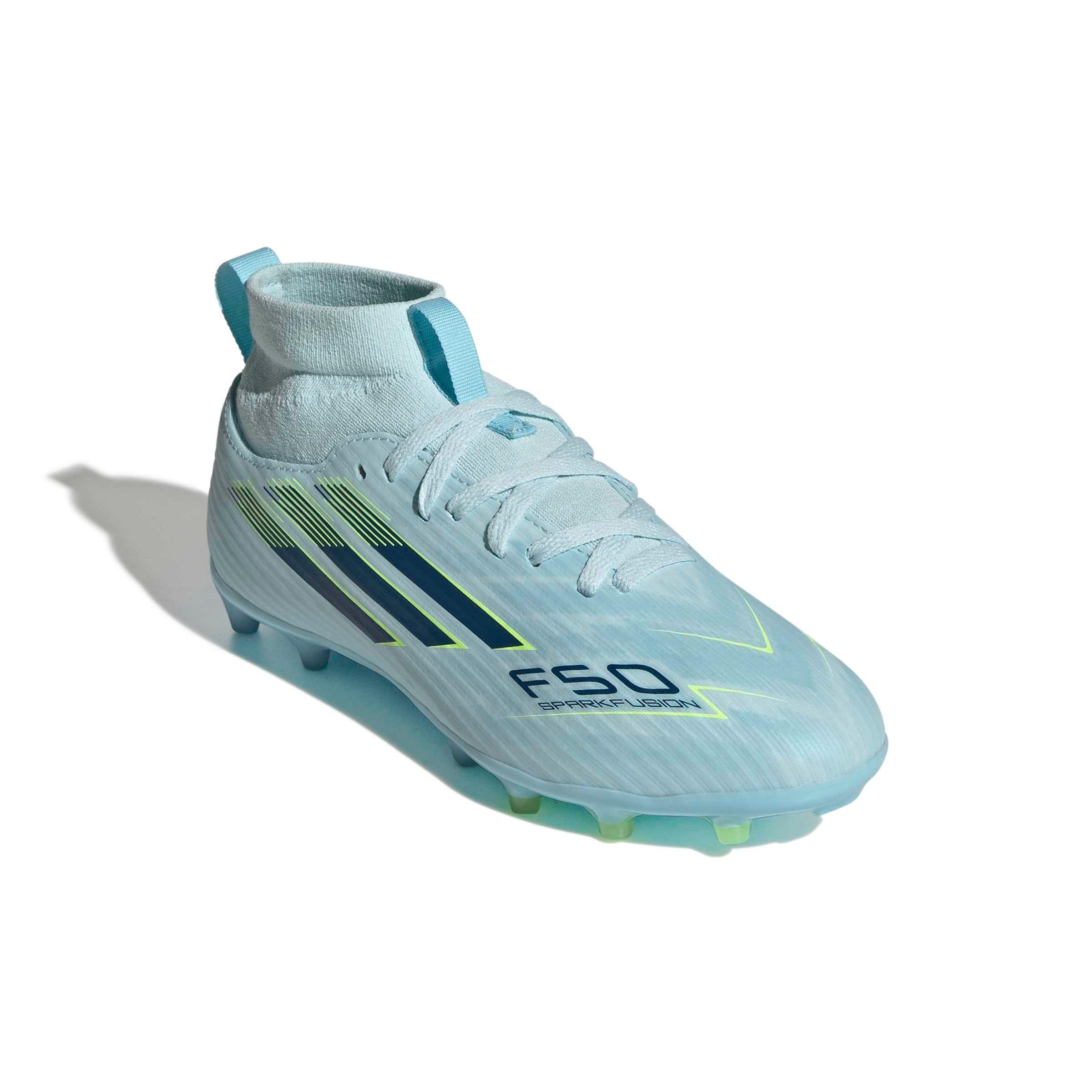 adidas F50 Sparkfusion League Mid Cut FG "Blue/Dusky/Hi-Res Yellow" Grade School Kids' Soccer Cleat - BLUE/DUSKY/YELLOW Thumbnail View 3