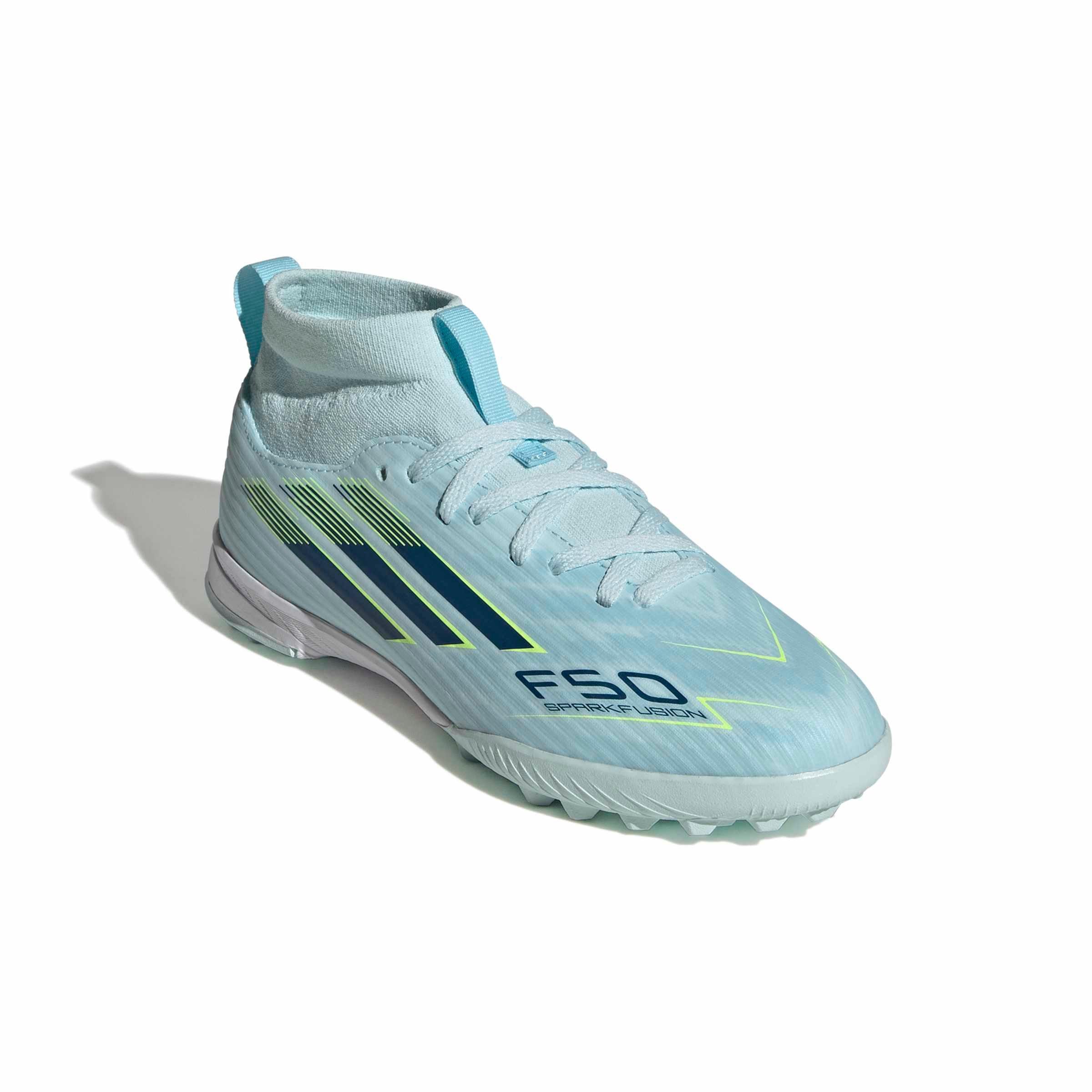 adidas F50 Sparkfusion League MC Turf "Blue/Dusky Petrol/Hi-Res Yellow" Preschool Kids' Soccer Shoe - BLUE/DUSKY/YELLOW Thumbnail View 3