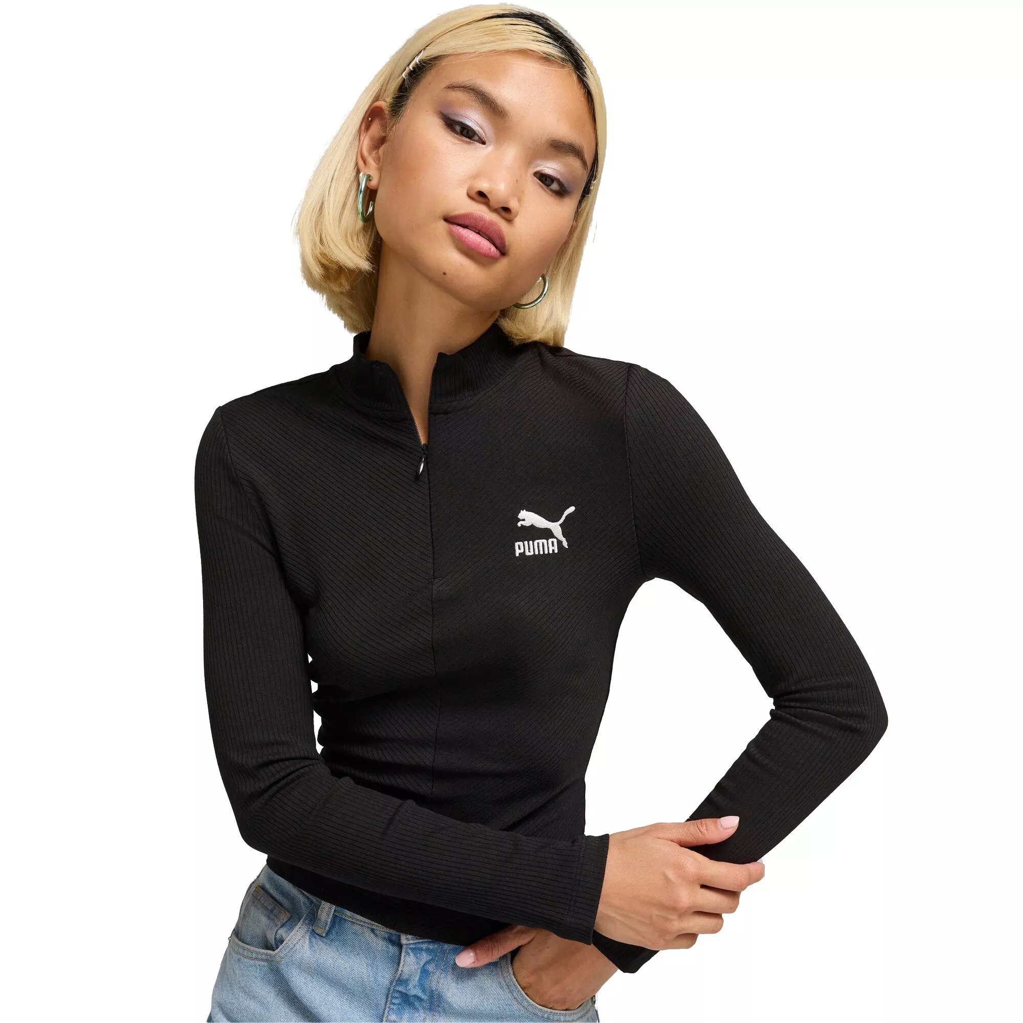PUMA Women's Classics Half-Zip Tee -Black - BLACK