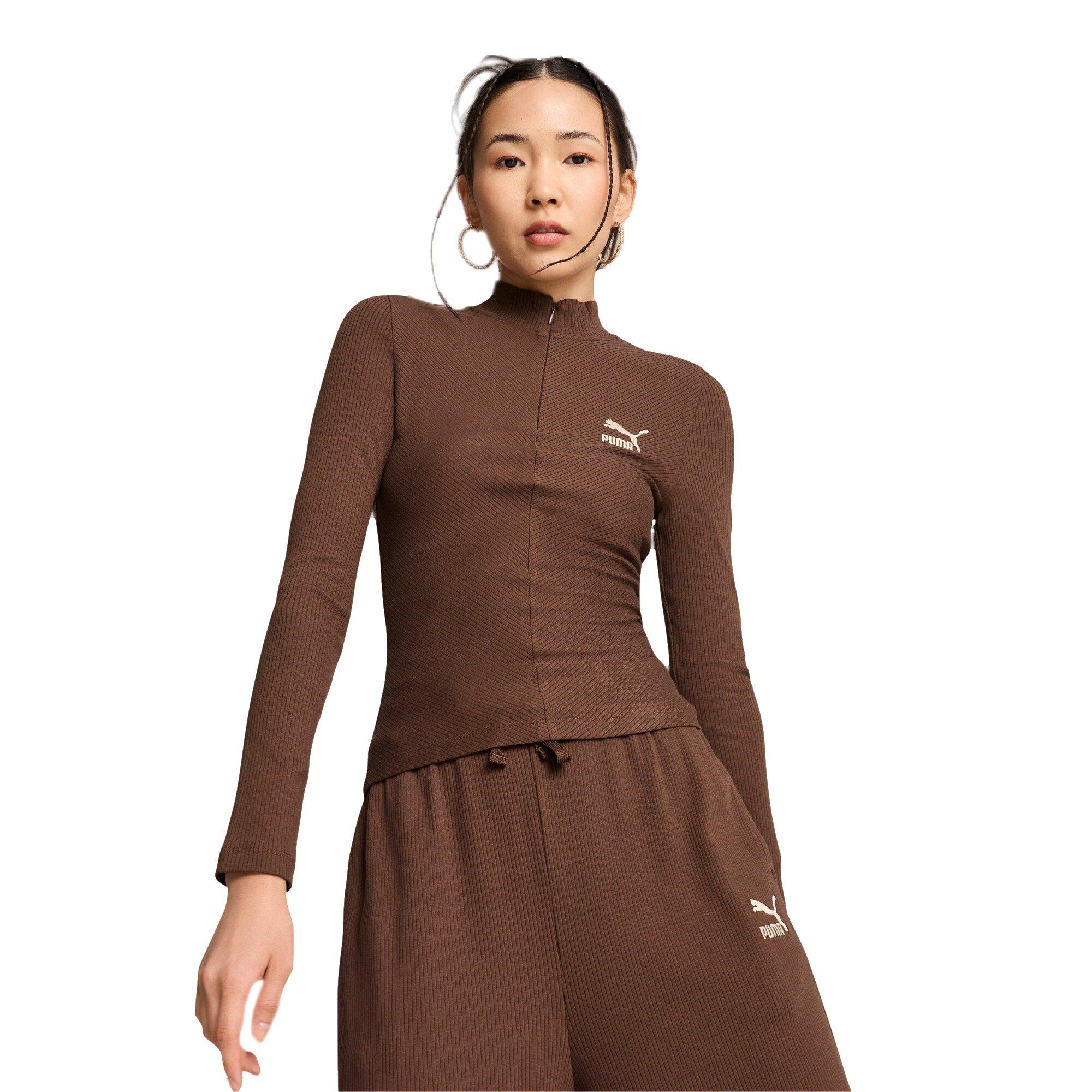 PUMA Women's Classics Half-Zip Tee -Brown - BROWN