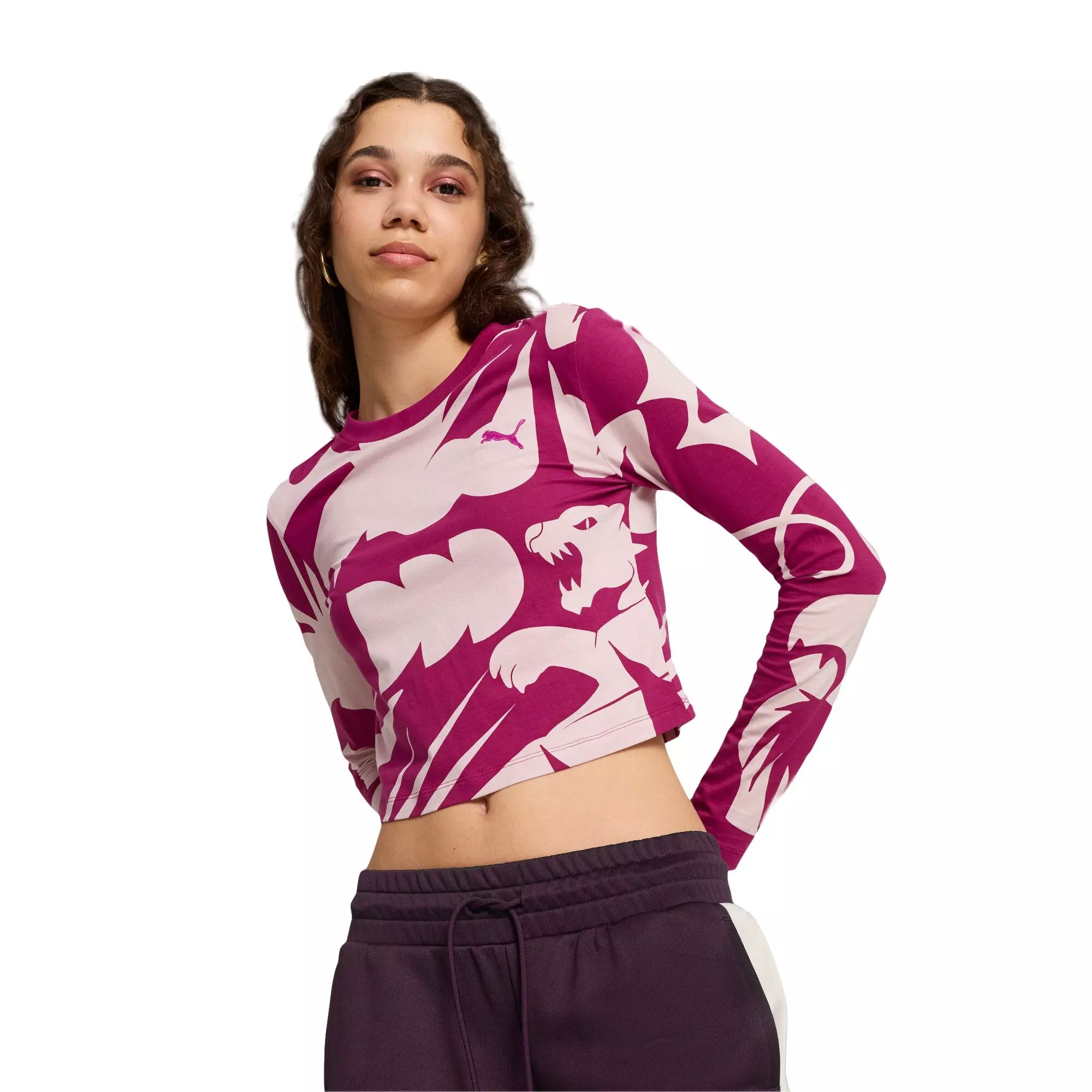 PUMA Women's Classics Artisanal AOP Baby Tee -Magenta - MAGENTA