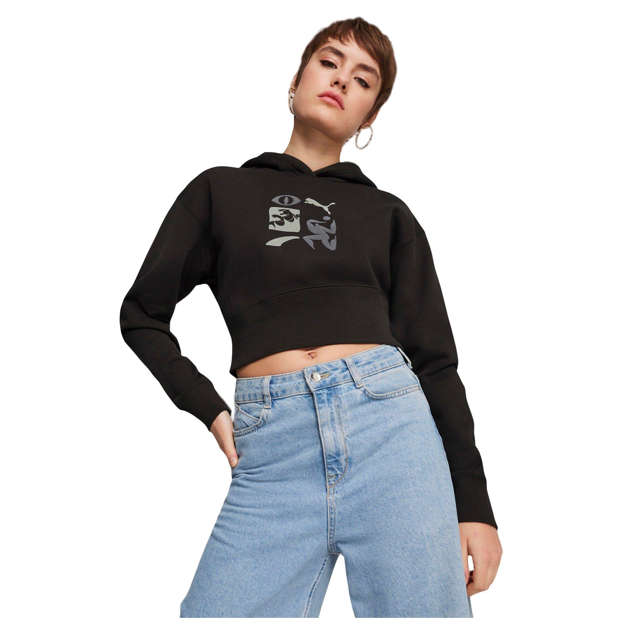 PUMA Women's​ Classics Artisanal​ Cropped Hoodie​ -Black - BLACK